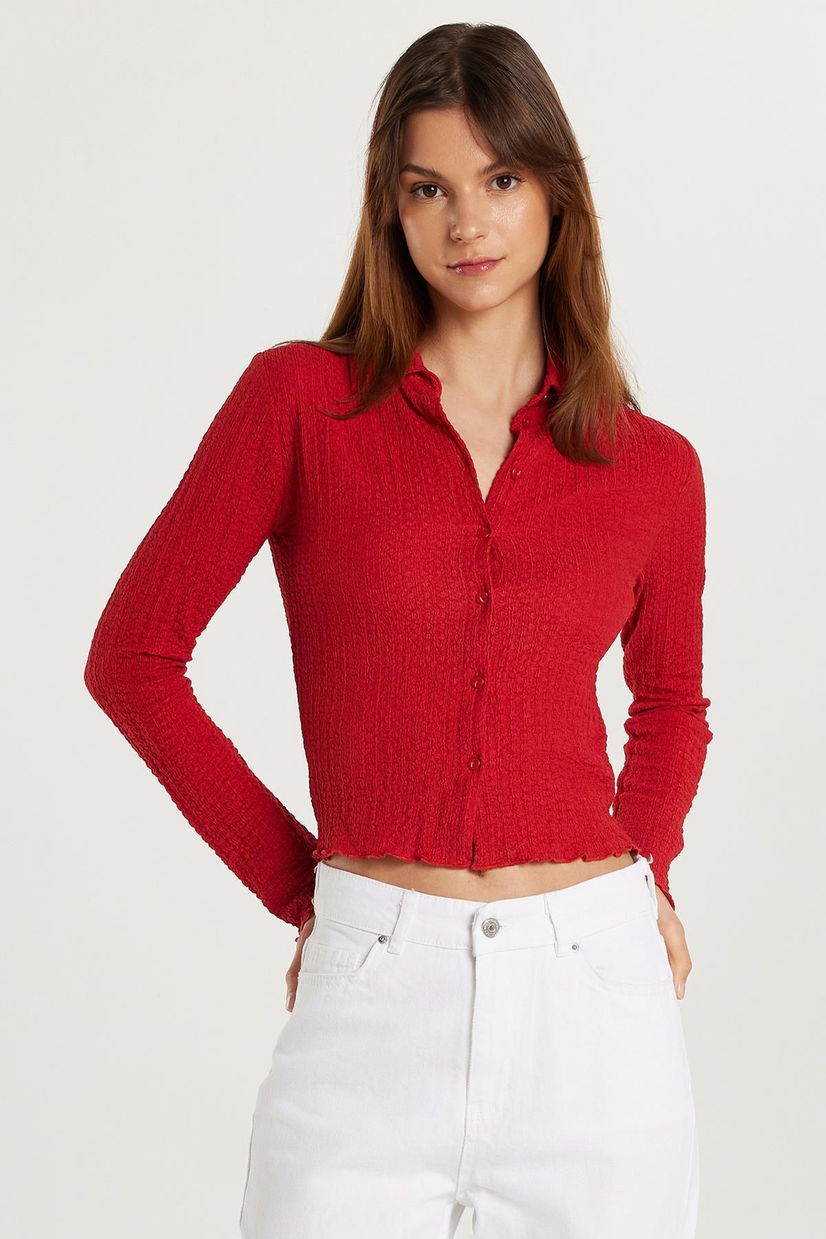 Tudors Kadın Slim Fit Dar Kesim Uzun Kollu Dokulu Kırmızı Gömlek
