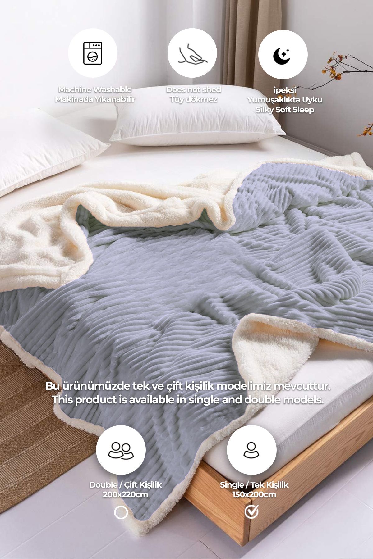 Evlen Home Collection-Gray Soft Plush Wellsoft Bedspread Single Sherpa Tv Blanket 2