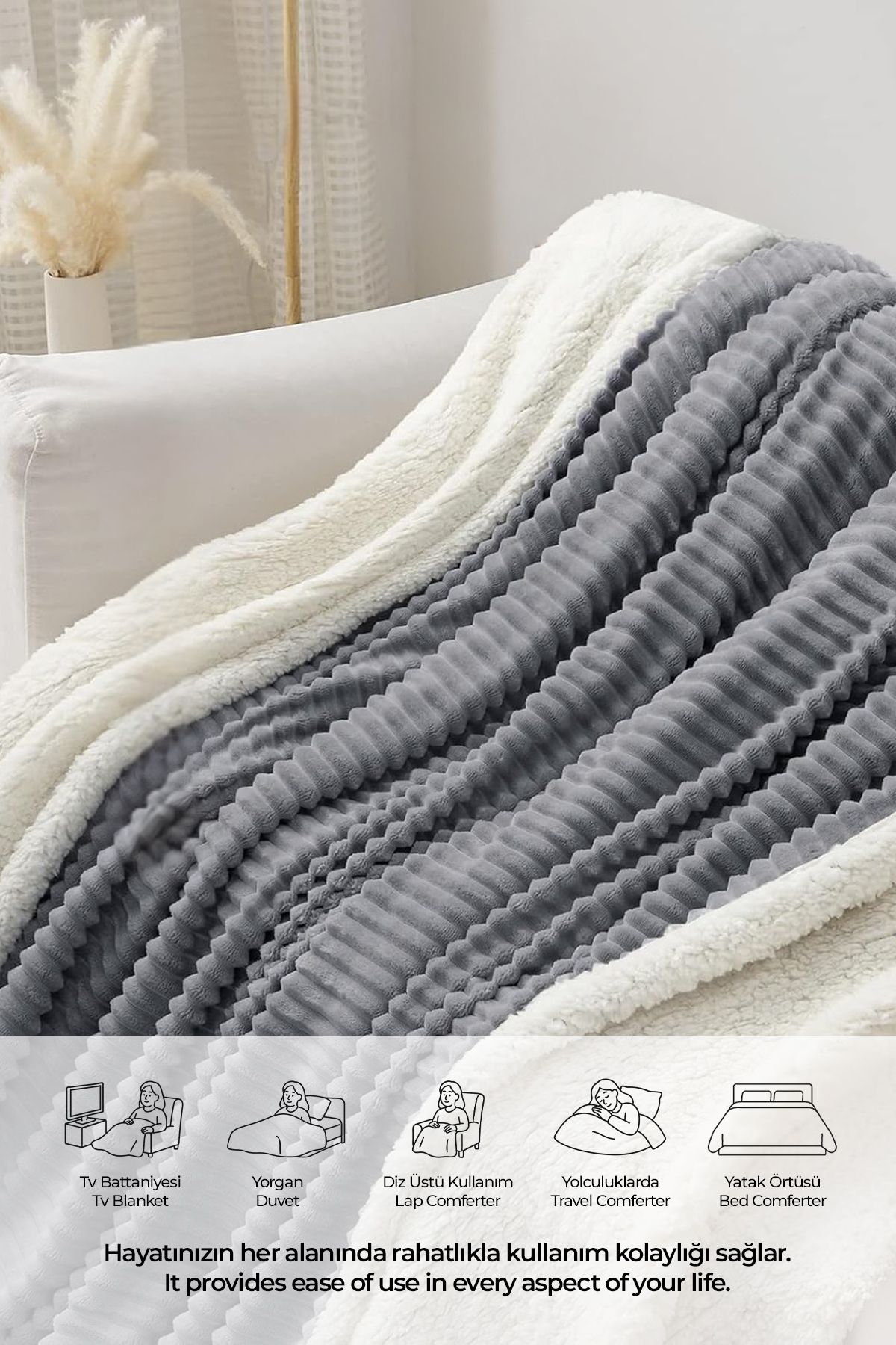 Evlen Home Collection-Sherpa Tv Blanket Single, Soft Plush Wellsoft Bedspread Anthracite 5