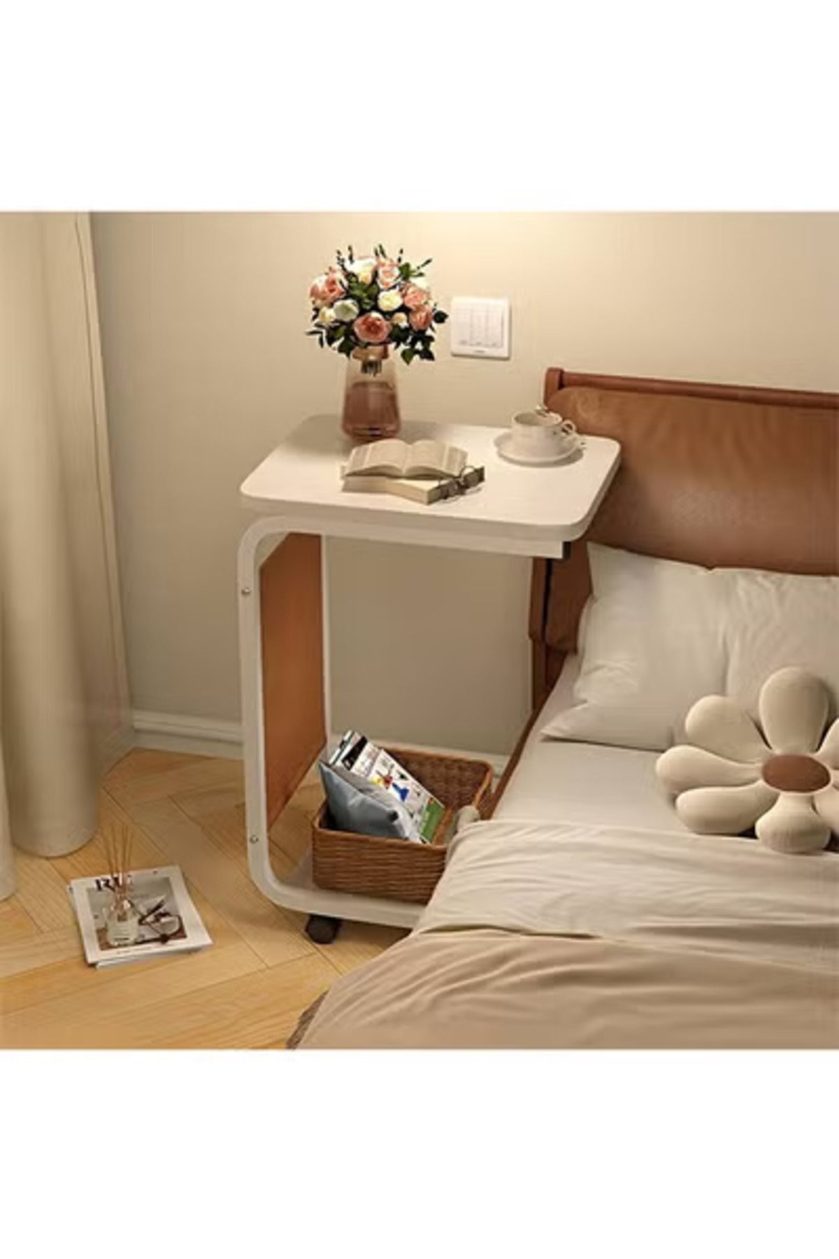 Taimi-C-shaped Side Table With Wheels And Storage Bag, Modern Design Coffee Table, 45x30x63cm - White 5