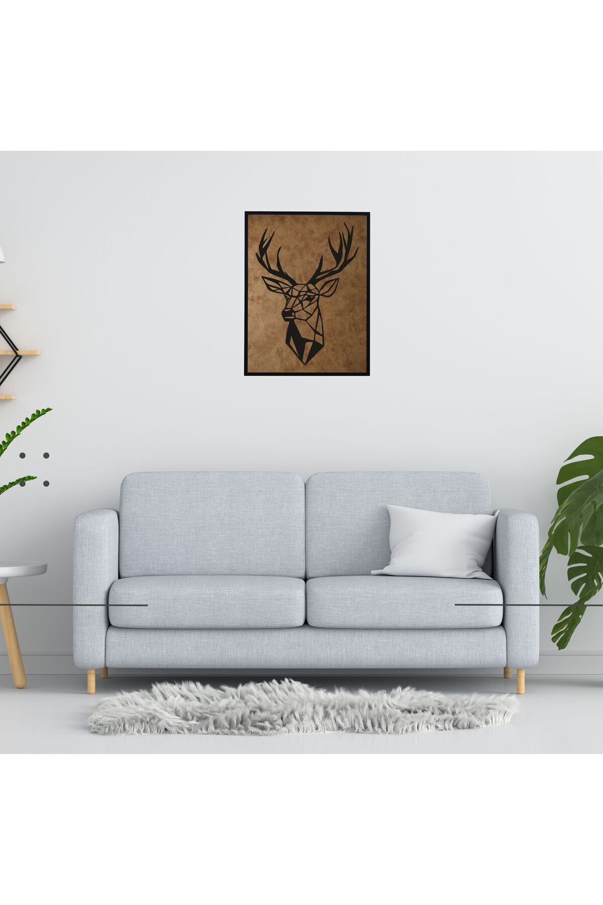 Grand Fine Art Çerçeveli Süet Deri Üzerine Siyah Mdf Tablo Geometrik Geyik