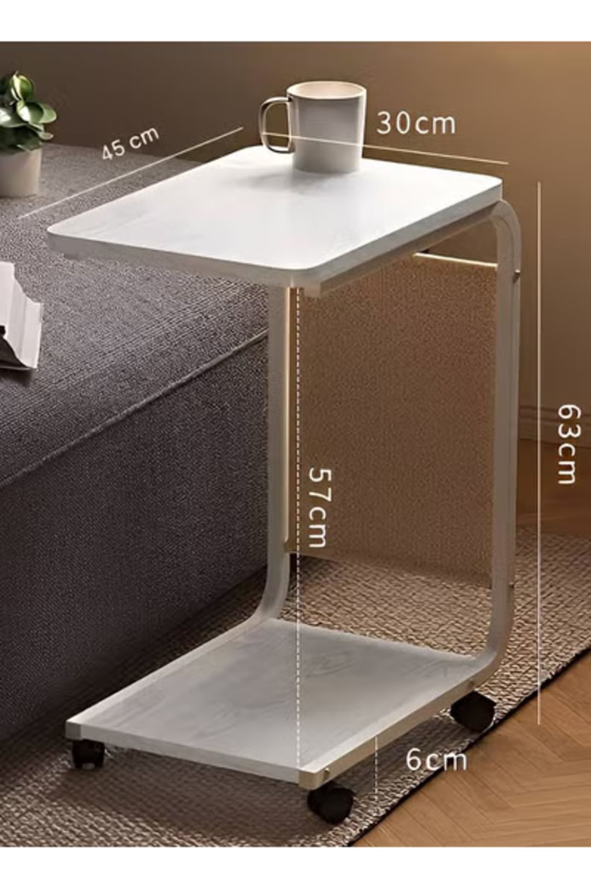 Taimi-C-shaped Side Table With Wheels And Storage Bag, Modern Design Coffee Table, 45x30x63cm - White 3