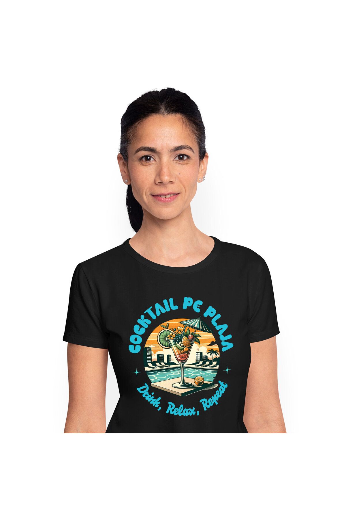 StoryGift Romania Tricou Femei Cu Pahar De Cocktail Elegant Cu Fructe Si Umbrela La Piscina Apus D,black_s Femeie - XS