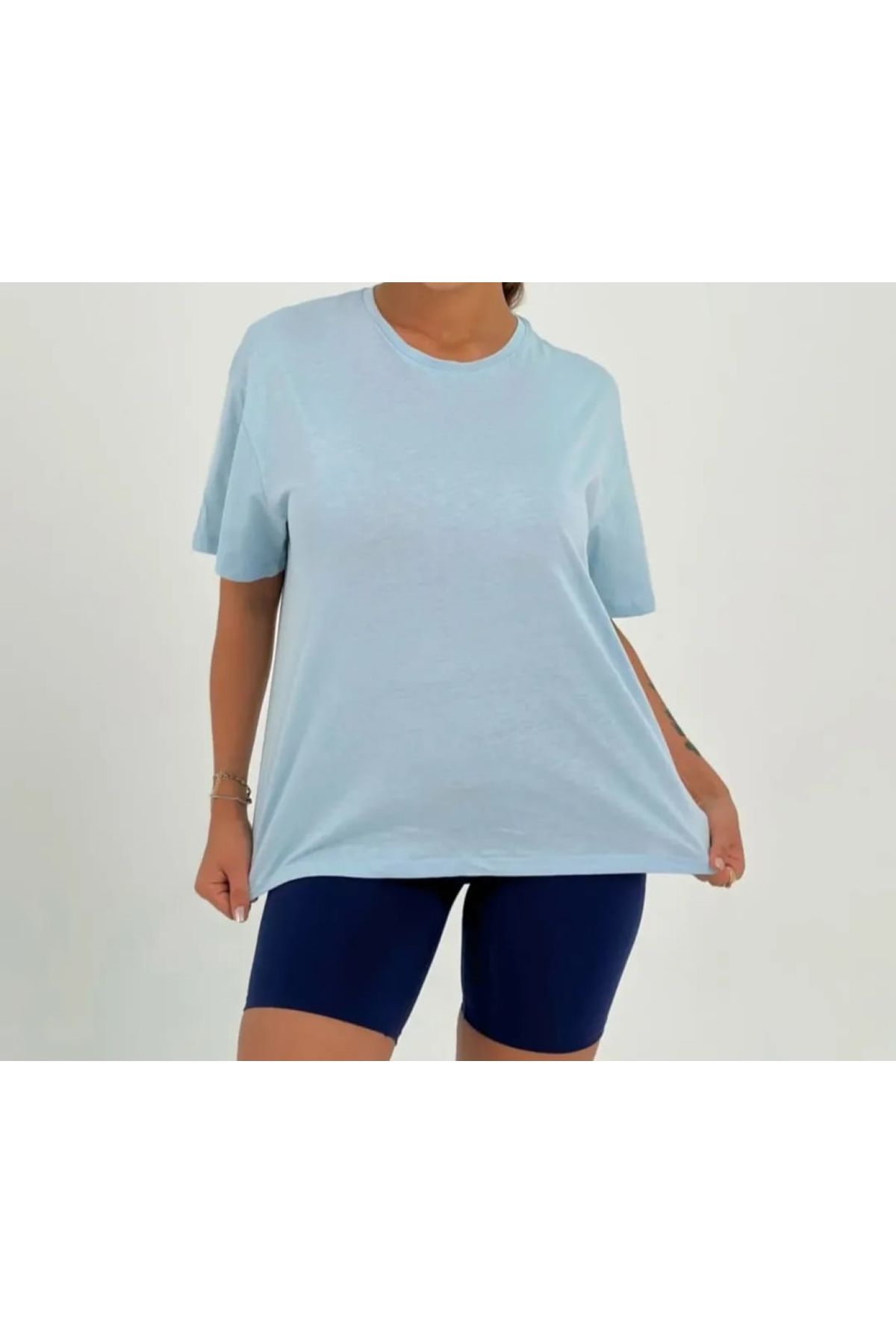 ZY BUTİK Bebe Mavi Yuvarlak Yaka Kısa Kollu Pamuklu Oversize T-shirt
