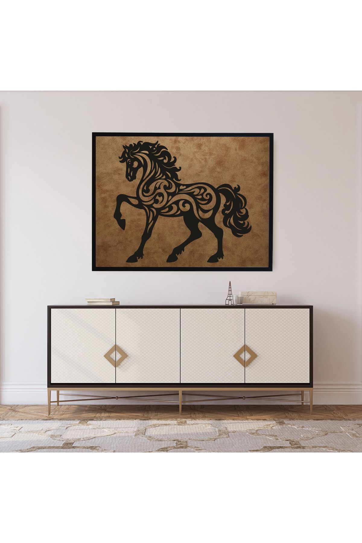 Grand Fine Art Çerçeveli Süet Deri Üzerine Siyah Mdf Tablo At Motifli