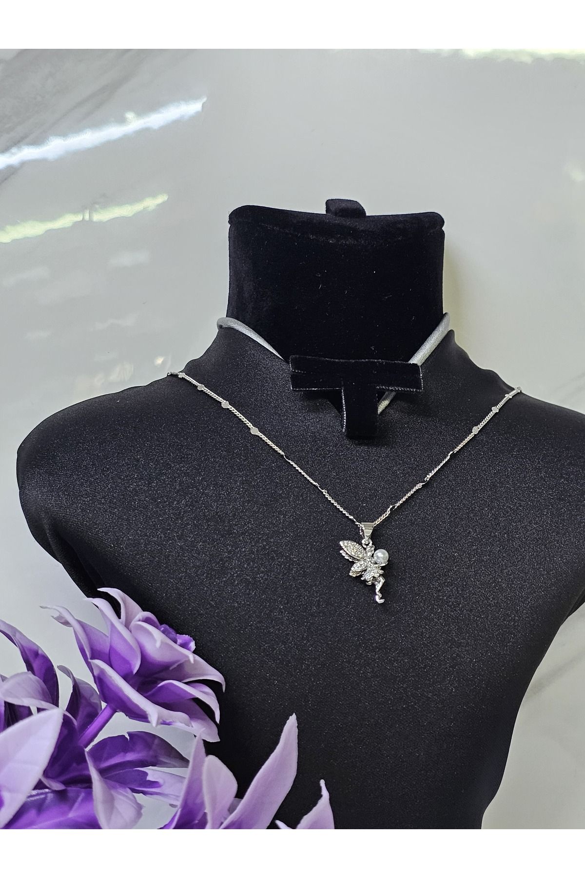 MODA Melek modelli İnci ve zirkon taşlı Çelik kolye