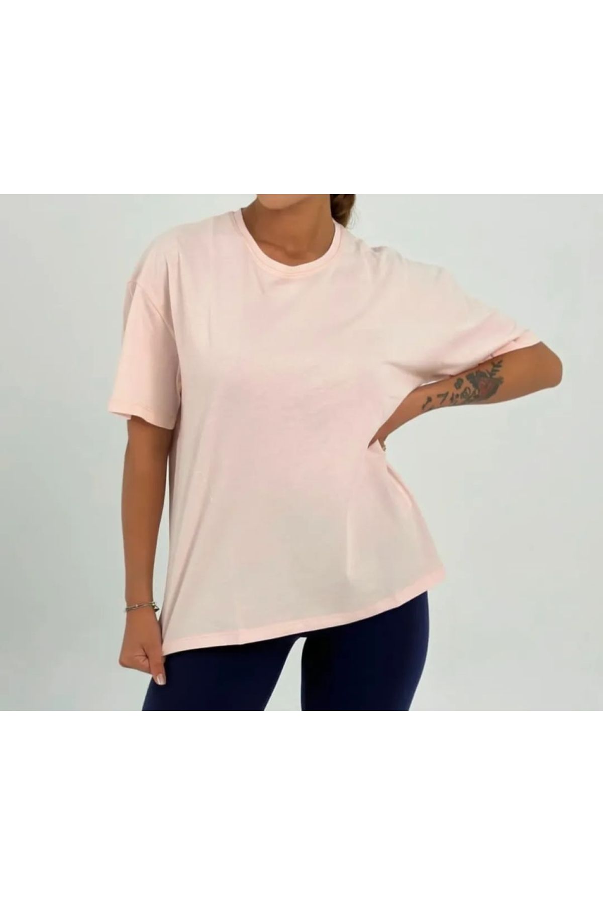 ZY BUTİK Pembe Yuvarlak Yaka Kısa Kollu Pamuklu Oversize T-shirt