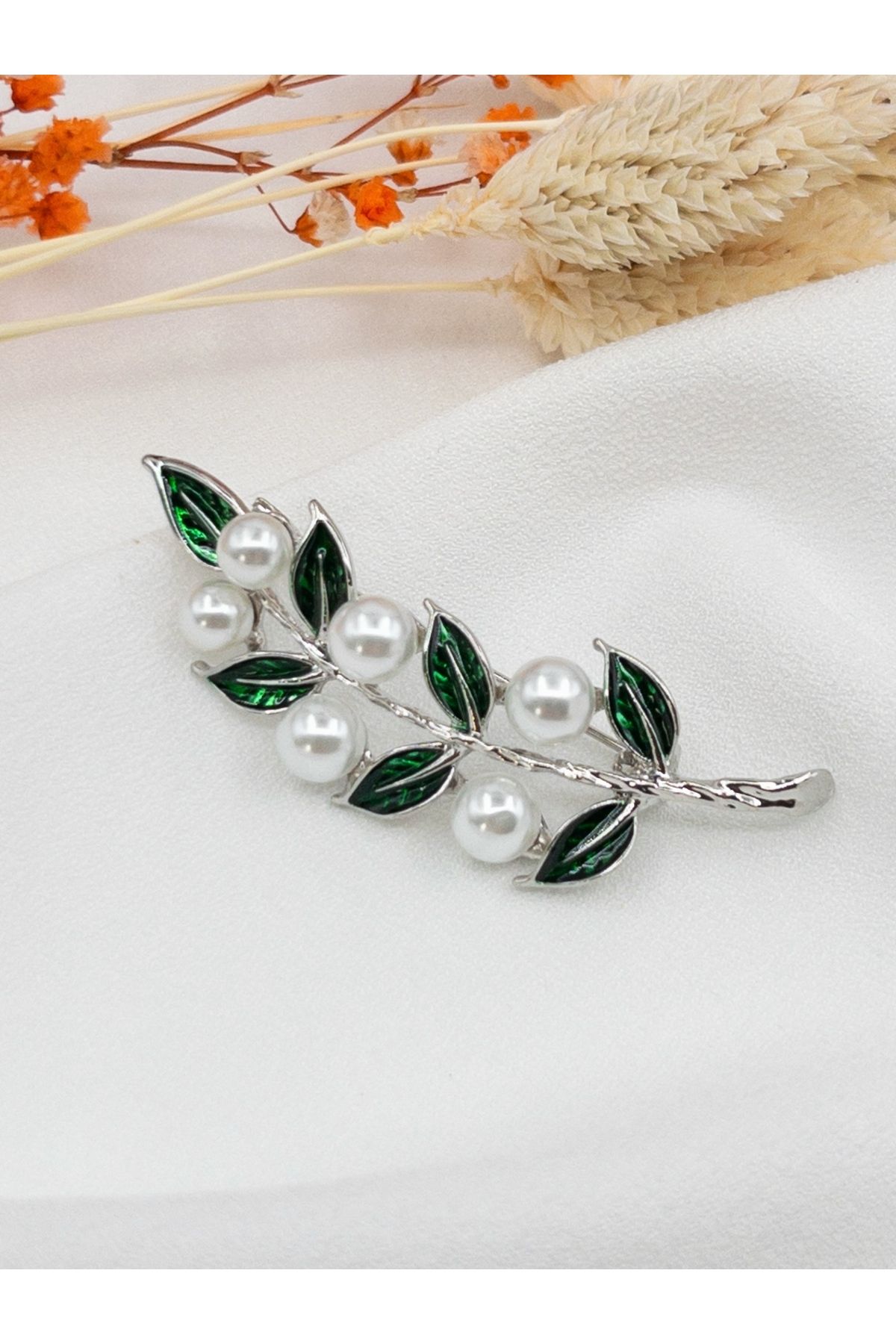 Siya Silver İncili Zeytin Dalı Broş - Gümüş Renk