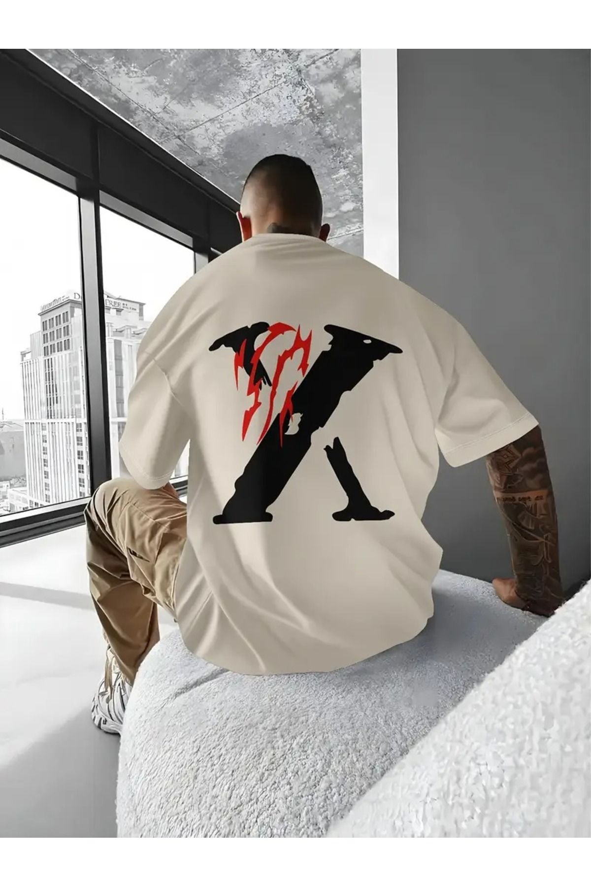 LAND MODA Erkekler için Nefes Alabilir Polyester File Günlük Spor Tişörtü - Geometrik "X" Baskı