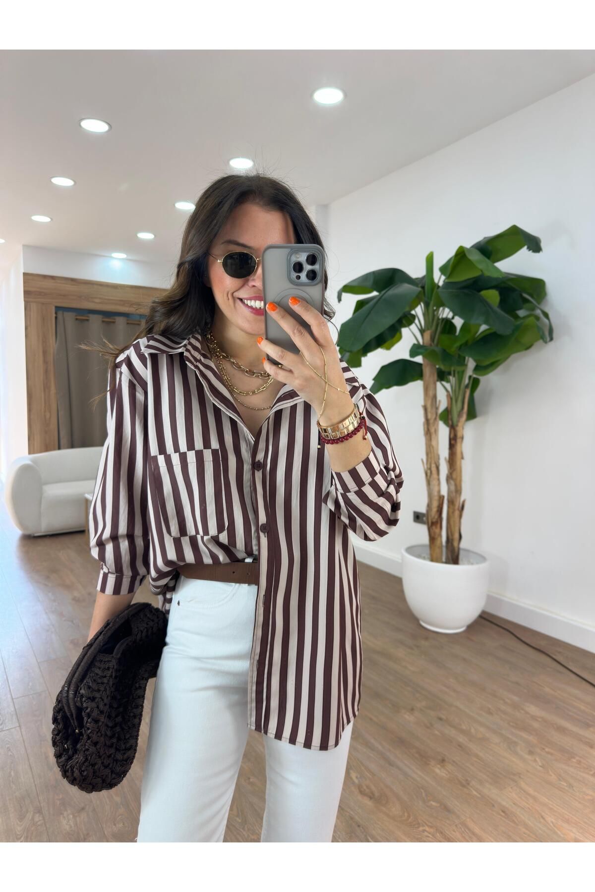 2she Çizgili Oversize Gömlek - Kahverengi
