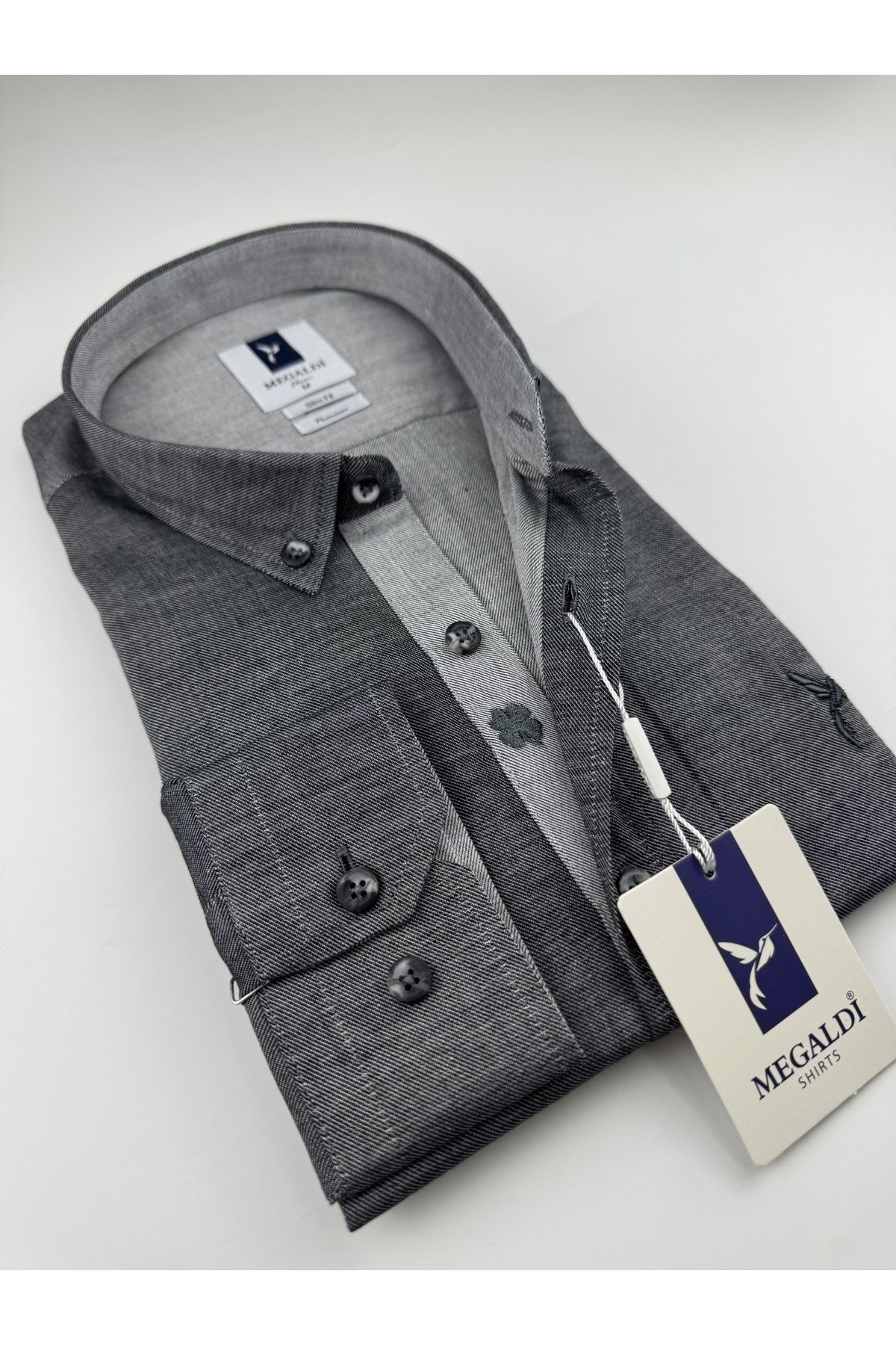 MEGALDİ Erkek Slim Fit Kesim Tansel Antresit Uzun Kollu Gömlek