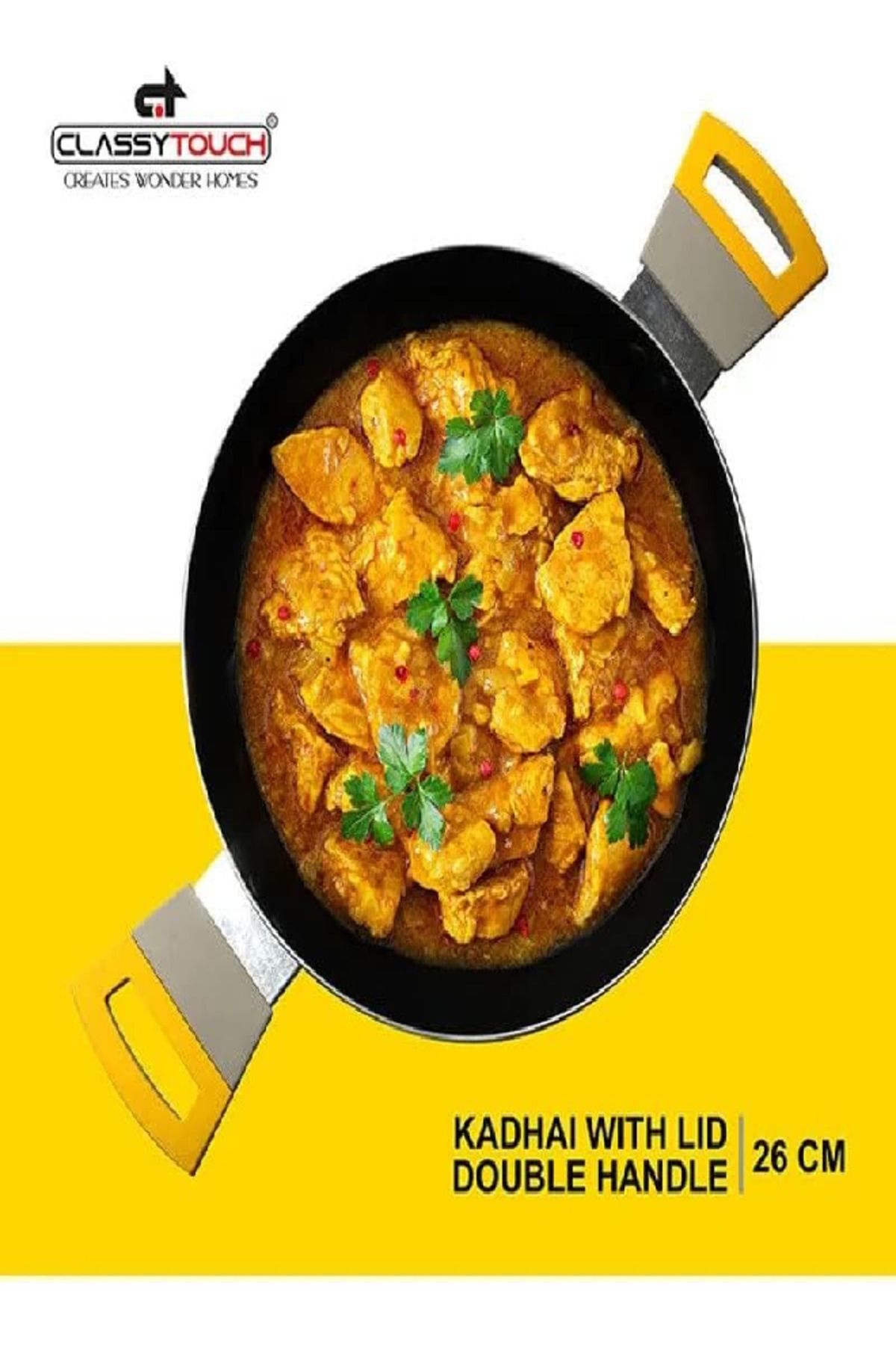 CLASSYTOUCH-Non-Stick Wok/Kadhai 26 cm with Glass Lid – 2.5L, for Stir Frying, Steaming & Soup Making 3