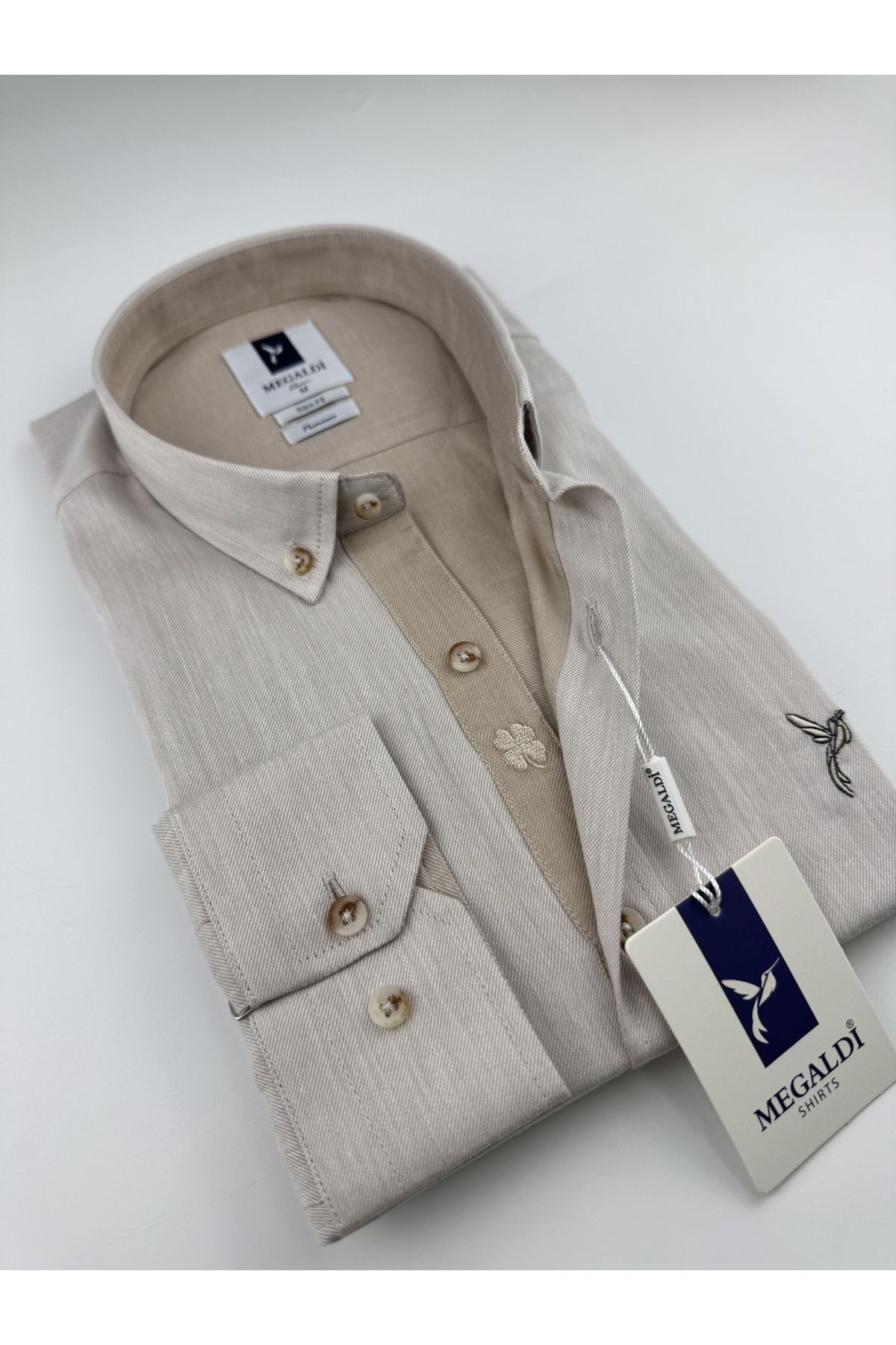 MEGALDİ Erkek Slim Fit Kesim Tansel Bej Uzun Kollu Gömlek