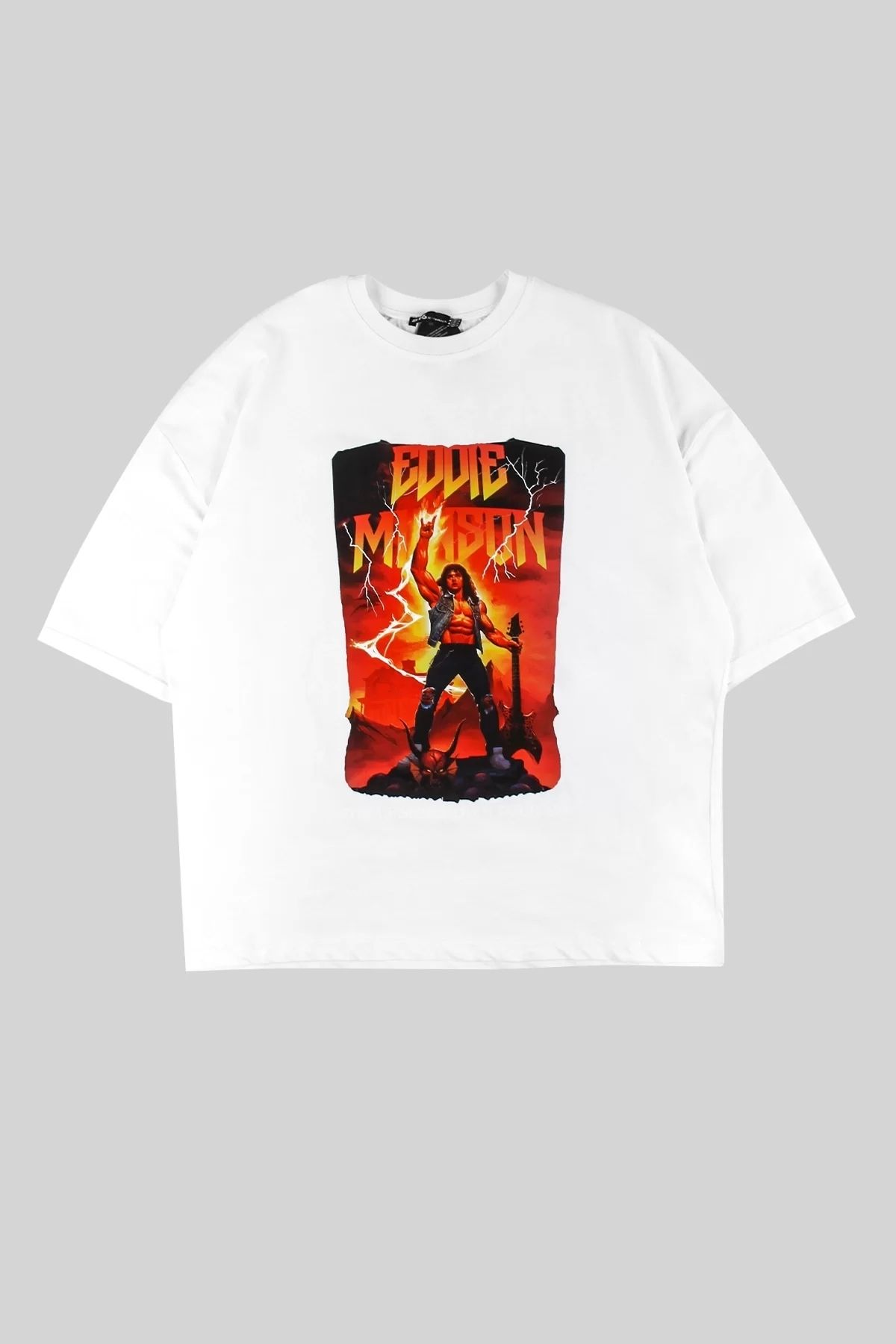 Bak Moda Eddie Munson Baskılı Oversize Unisex Beyaz Tshirt