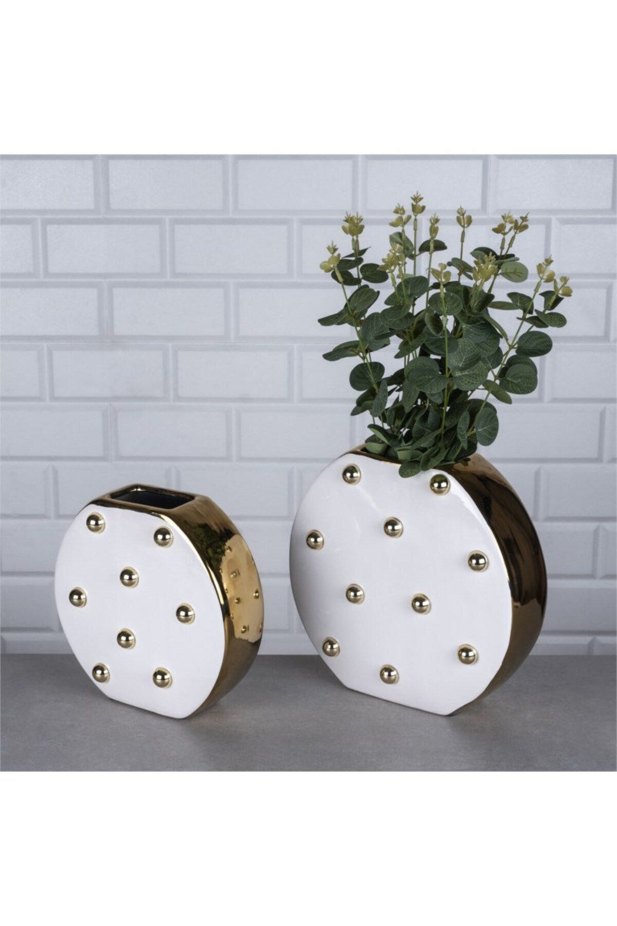 Hinora Gold Beyaz Benekli Yassı Porselen Vazo Büyük Boy 24x7x24Cm TEKLİ SATILIR