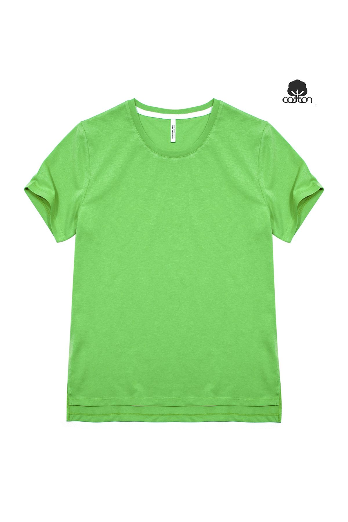 Cottonland Kadın LULU Normal Kesim Kısa Kol O Yaka Yırtmaçlı Penye Pamuk T-Shirt FISTIK YEŞİL