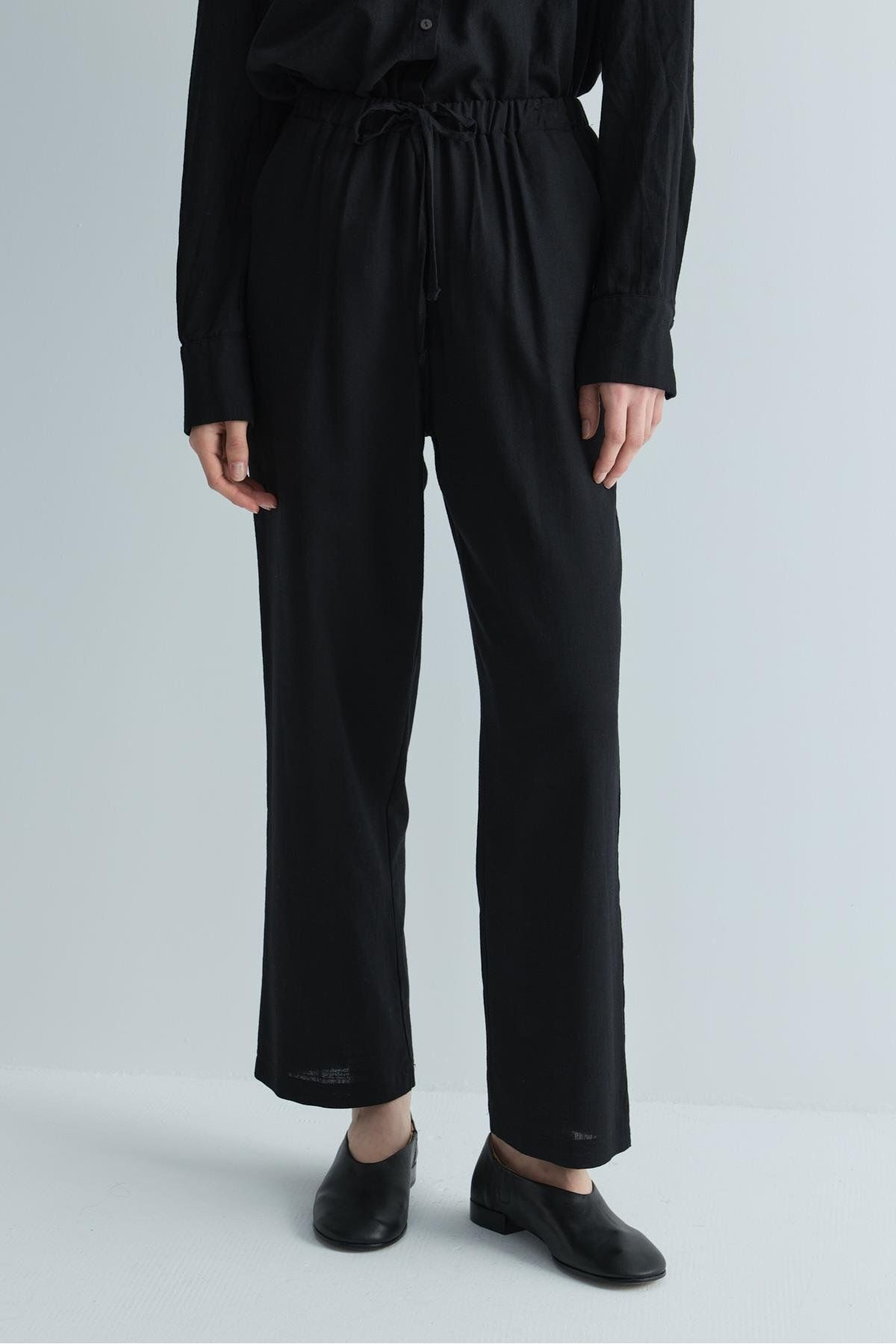 Suud Collection Siyah Zoe Beli Lastikli Keten Pantolon