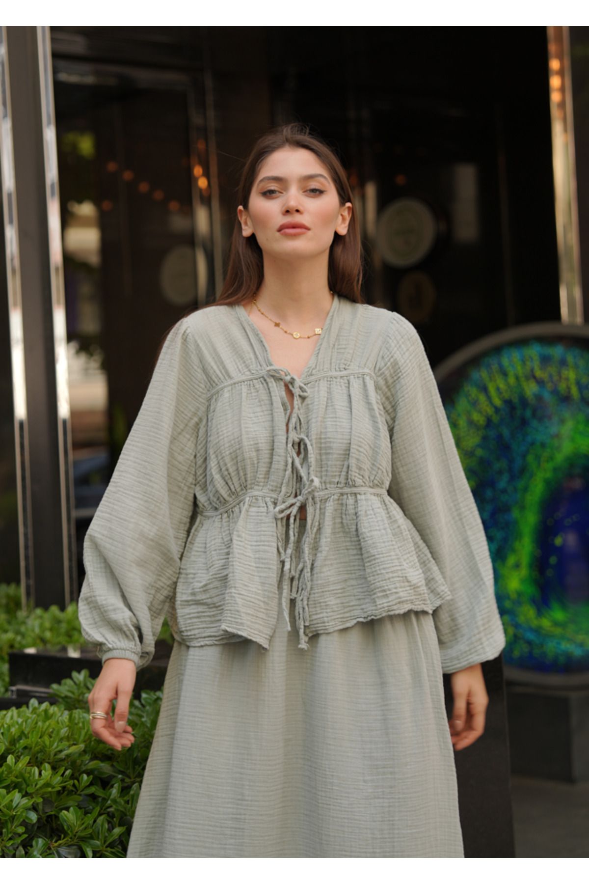 Molly Nelly Kadın Bağcık Detaylı Yıkanmış Yumuşak Pamuk Muslin Bluz