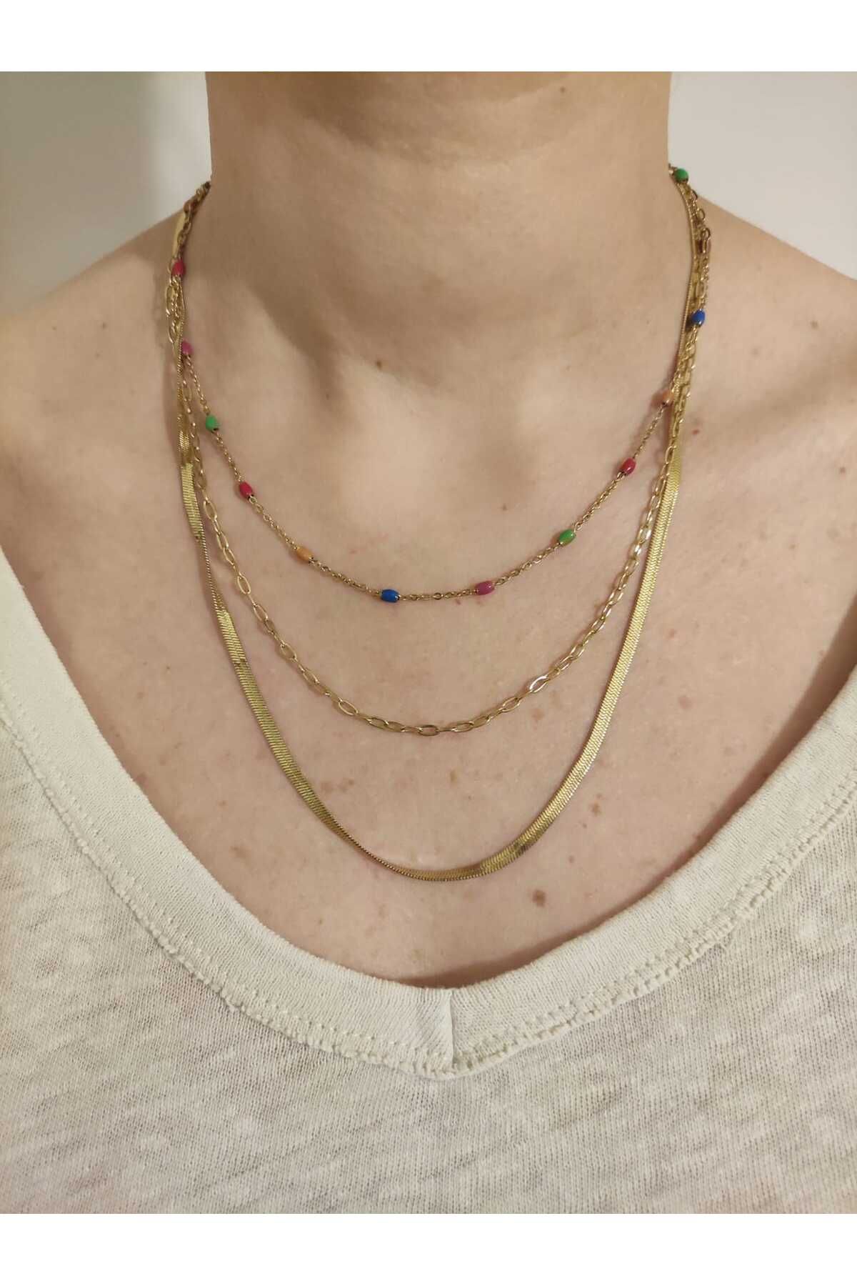 MoS JEWELLERY Gold Renk Üç Katlı Renkli Boncuk Detaylı Kolye - Paslanmaz Çelik