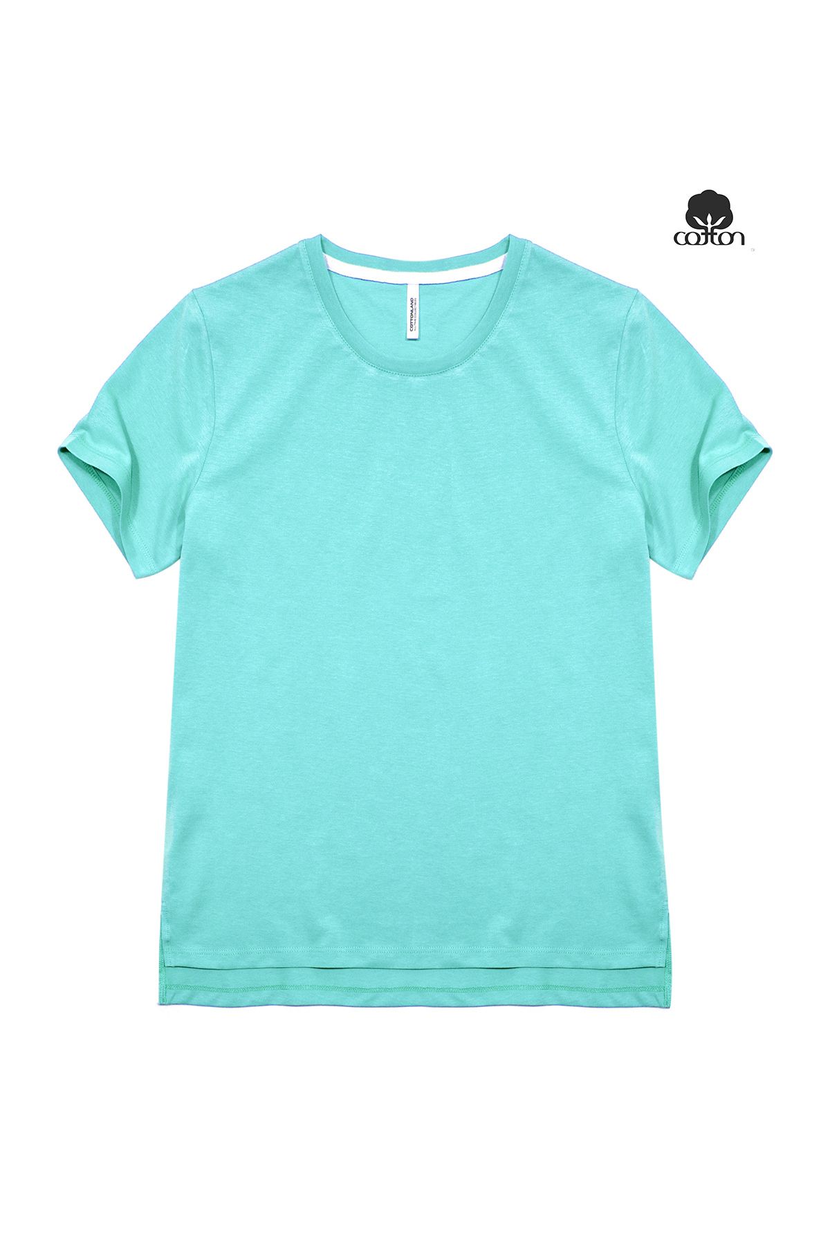 Cottonland Kadın LULU Normal Kesim Kısa Kol O Yaka Yırtmaçlı Penye Pamuk T-Shirt TURKUAZ MAVİ