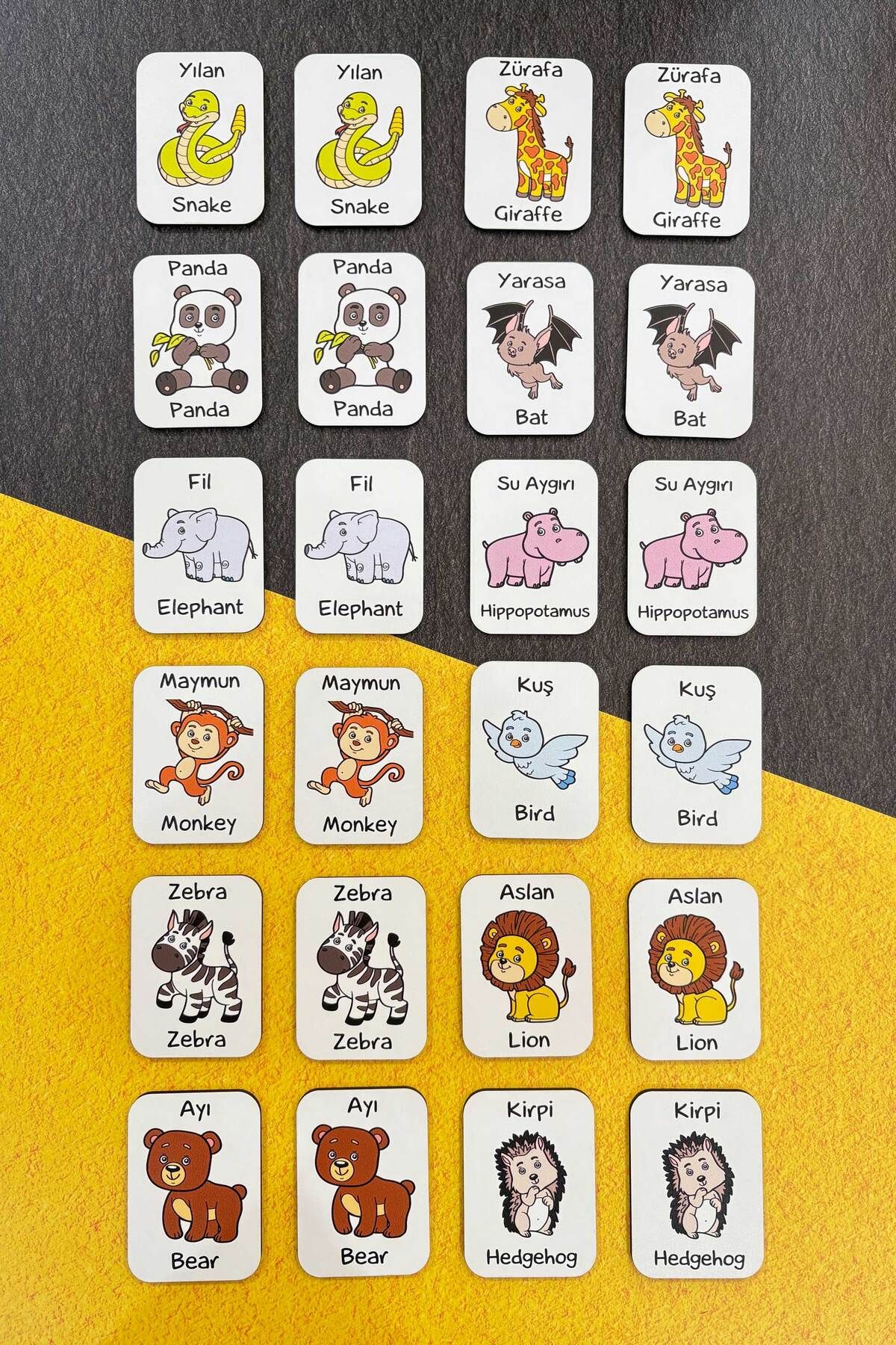 HediyeHanesi Ahşap Zeka Kartları Eğitici Eşleştirme Oyunu İngilizce-Türkçe Ahşap Puzzle Oyuncak Sevimli Hayvanlar
