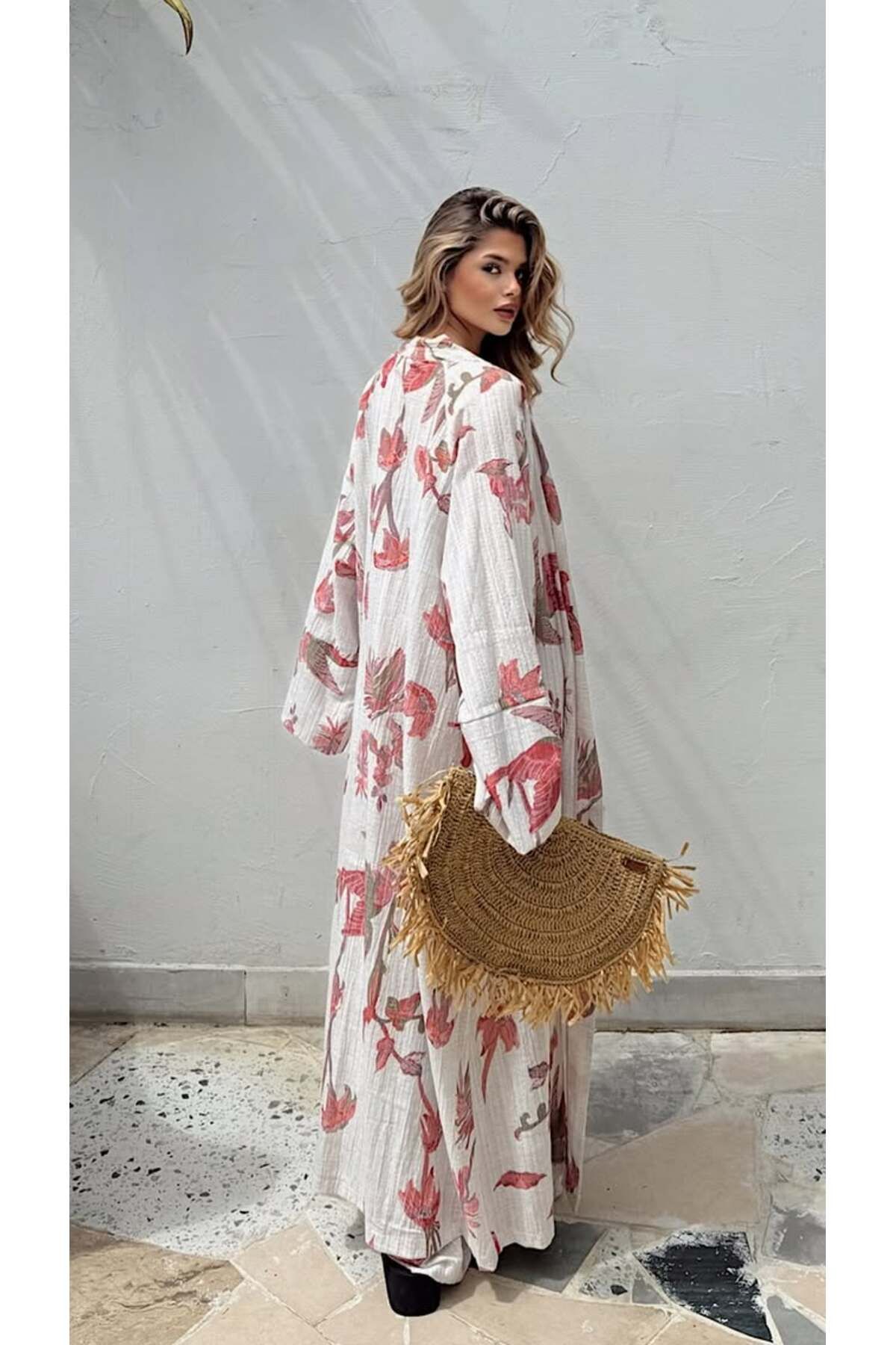 Holly Beez Kadın Çiçek Desenli Kimono Pantolon Takım