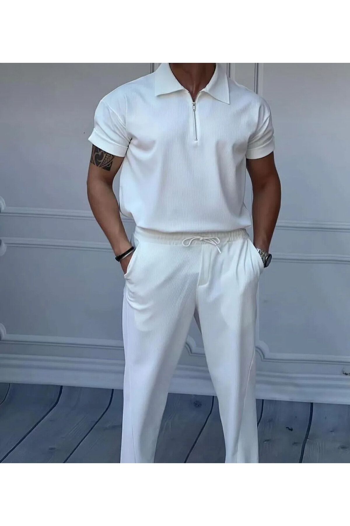 THEGENTMAN 2'li Set Fitilli Yarım Fermuarlı Polo Yaka Tişört Ve Baggy Pantolon 2'li Set