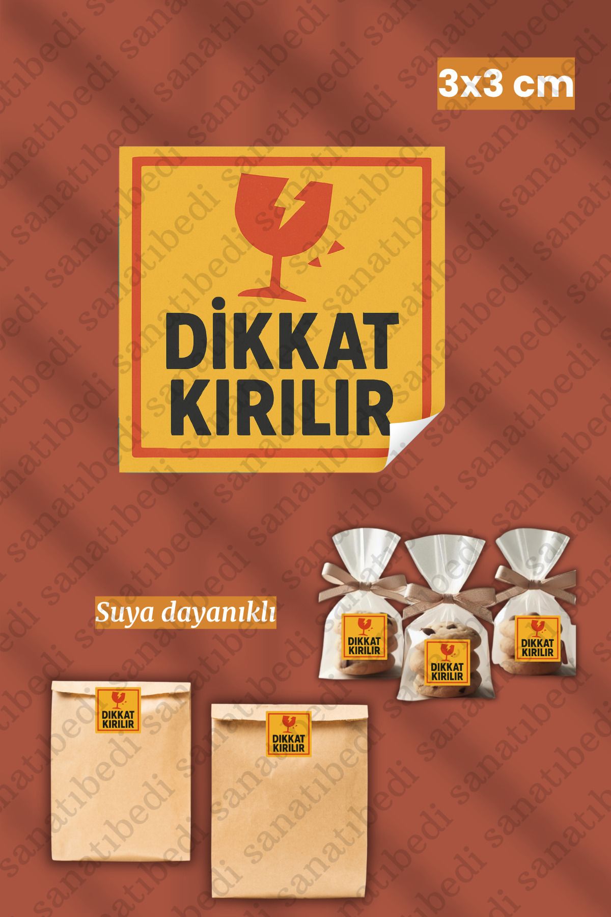 sanatıbedi 50 Adet Dikkat Kırılır Sticker - Kargo Paketleme Ambalaj Ürün Etiketi 3x3 cm