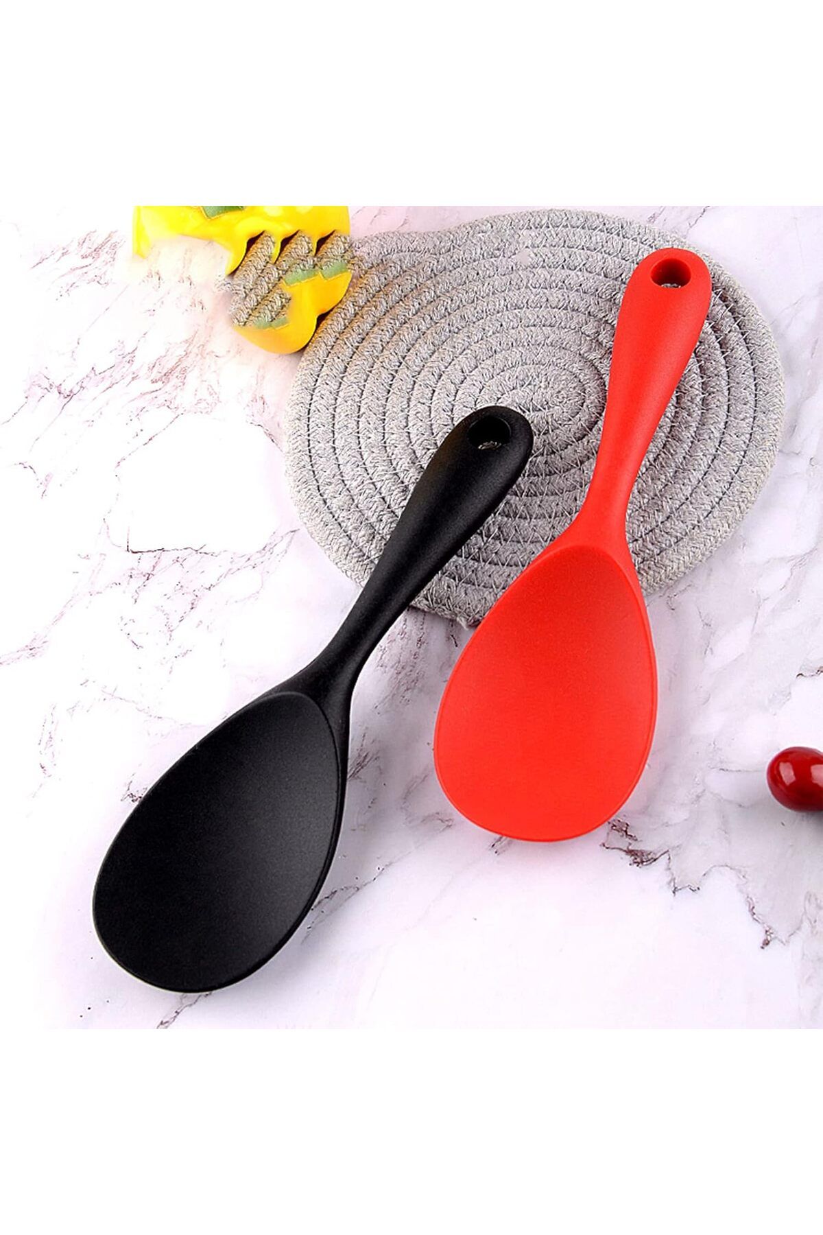 TARIK HOME Siyah ve Kırmızı Silikon Pilav Kaşığı Seti - 22,5 cm - Isıya Dayanıklı, Ergonomik Saplı - 2'li Set