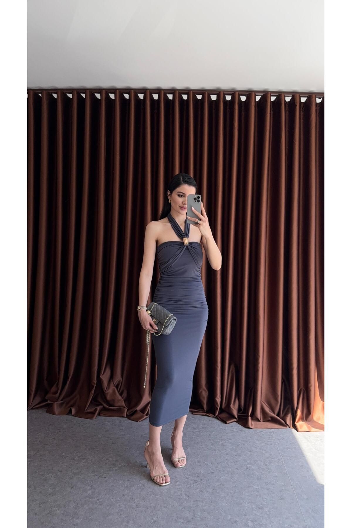 HAZELANNA Gold Detaylı Antrasit Elbise