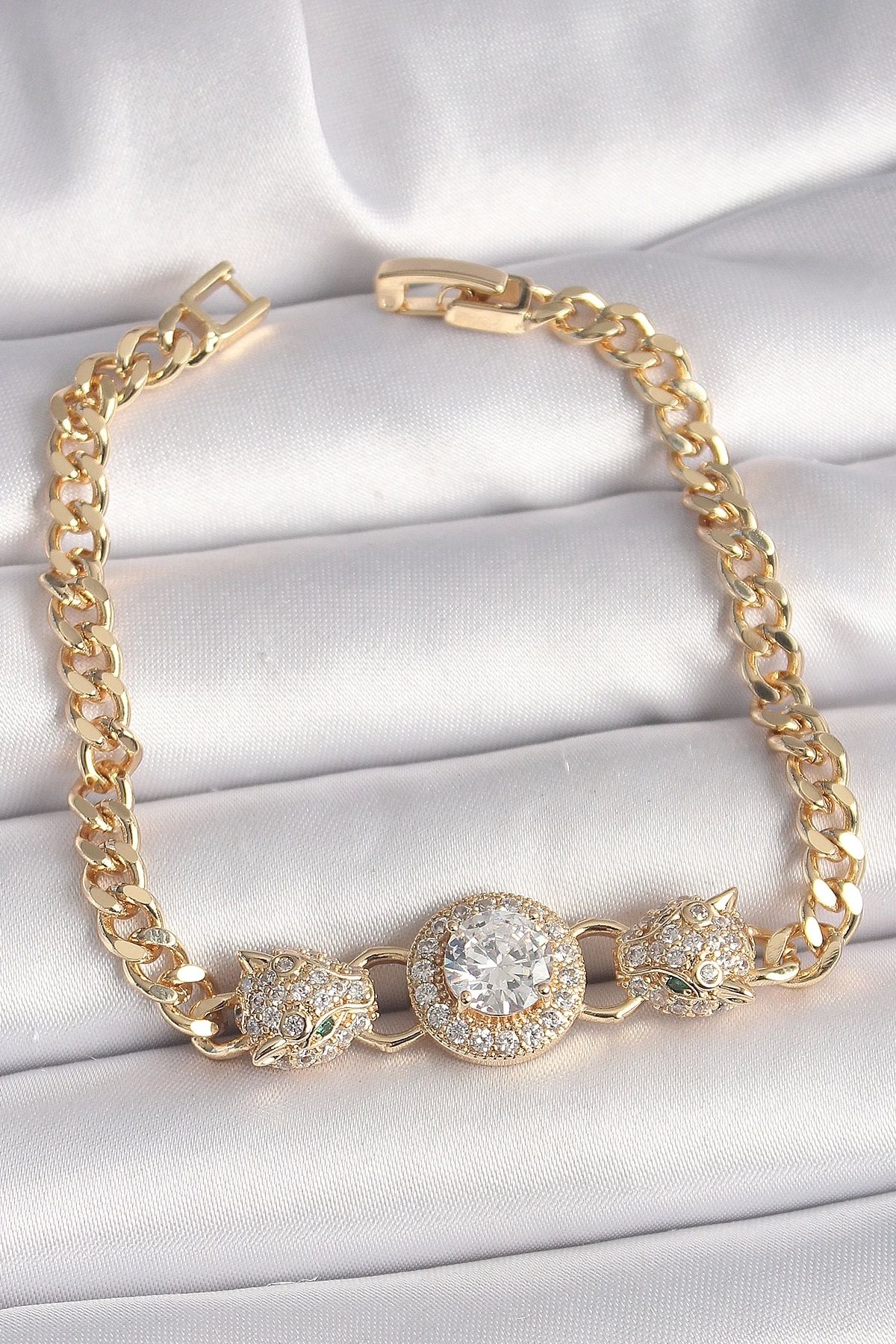 YNT İthalat Pirinç Gold Renk Zirkon Taşlı Leopar Figür Zincir Model Kadın Bileklik