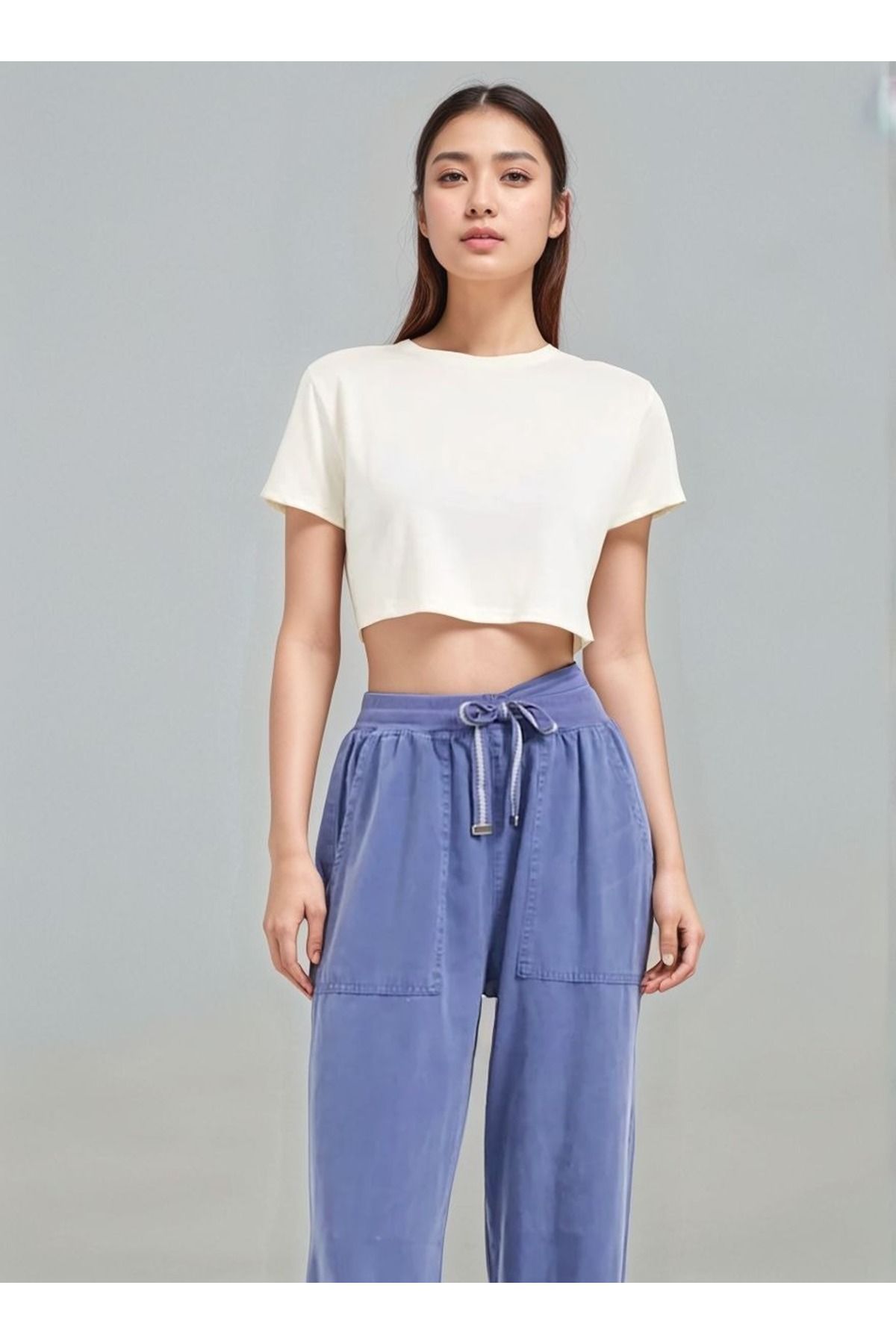 VNYA collection Kadın Bel Lastikli Baggy Fit Haki Palazzo Pantolon
