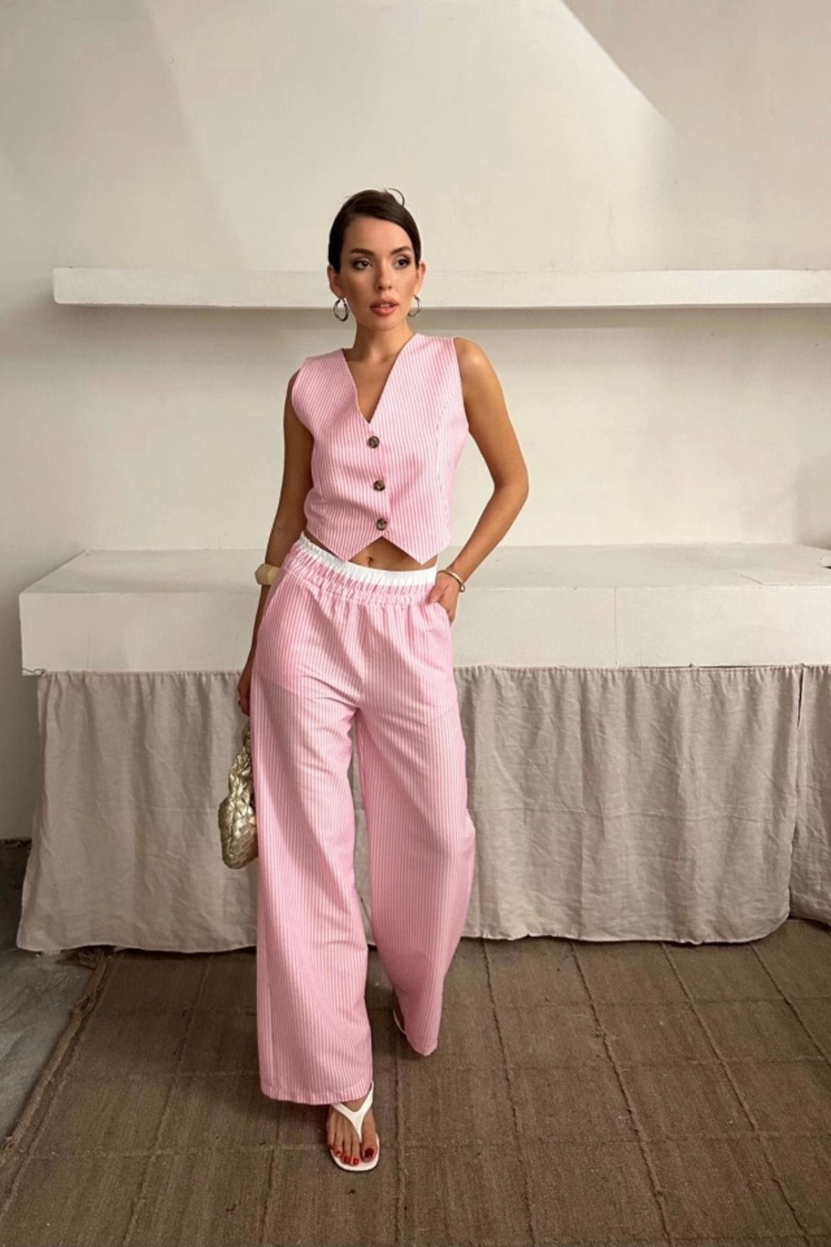 Kaplan GOFRE ÇİZGİLİ YELEK - PANTOLON TAKIM - Pembe