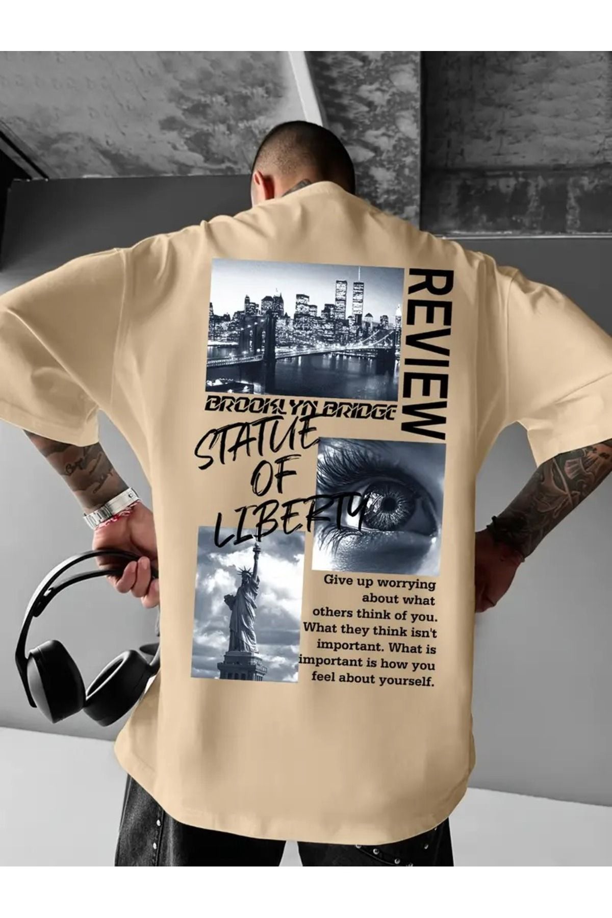 LAND MODA Erkekler için Sokak Giyim Grafikli Tişört - Brooklyn Köprüsü ve Özgürlük Heykeli Tasarım