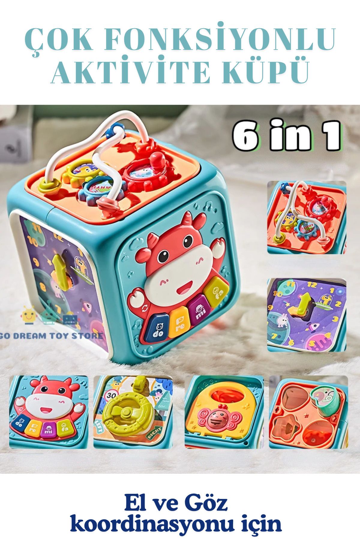 kosetoys Bebek Oyuncağı Aktivite küpü 6 farklı oyun ve montessori mavi