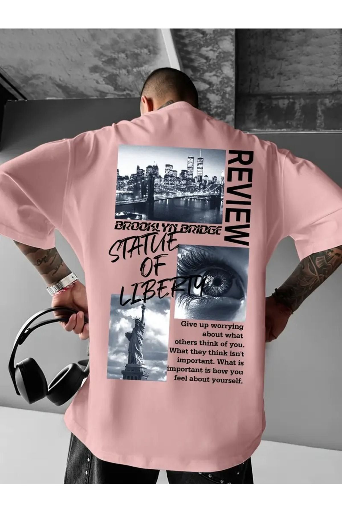 LAND MODA Erkekler için Sokak Giyim Grafikli Tişört - Brooklyn Köprüsü ve Özgürlük Heykeli Tasarım