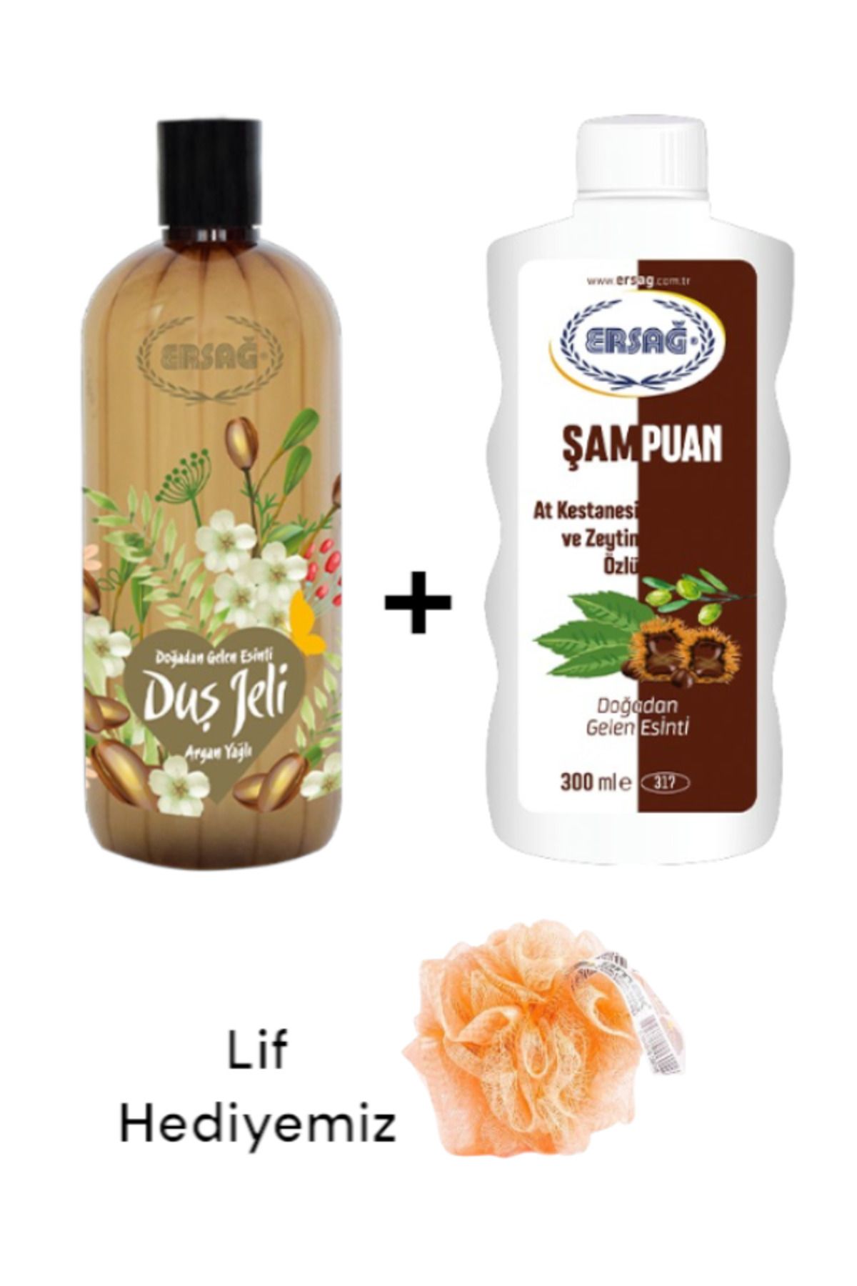 Ersağ At Kestanesi ve Zeytin Özlü Şampuan 300ML+ Argan Yağlı Duş Jeli 500ML - ( Lif Hediye'li ) 317-27