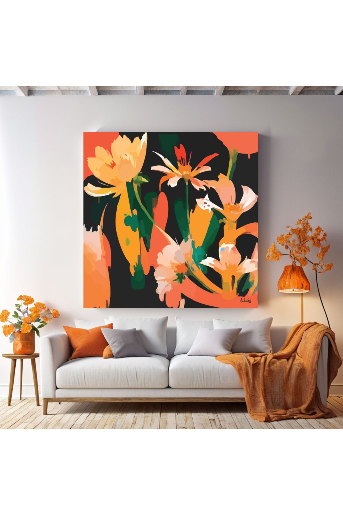 DIKUKA Turuncu Çiçekler Modern Abstract Kanvas Tablo 100X100 cm