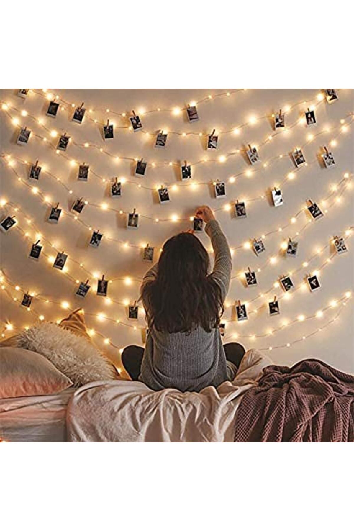 ShopZum Partidolabi Led Işık 10 Metre (Sarı) Pilli + 50 Adet Küçük Mandal