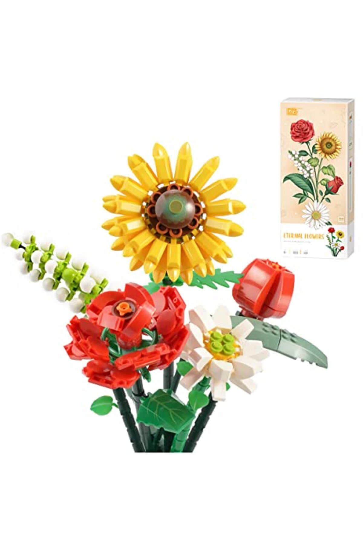 ShopZum Fun4Kid Ayçiçeği Mini Tuğla Çiçek Buketi Yapı Seti, Yapay Çiçekler Yapı Taşları Setleri, Ev Dekoras