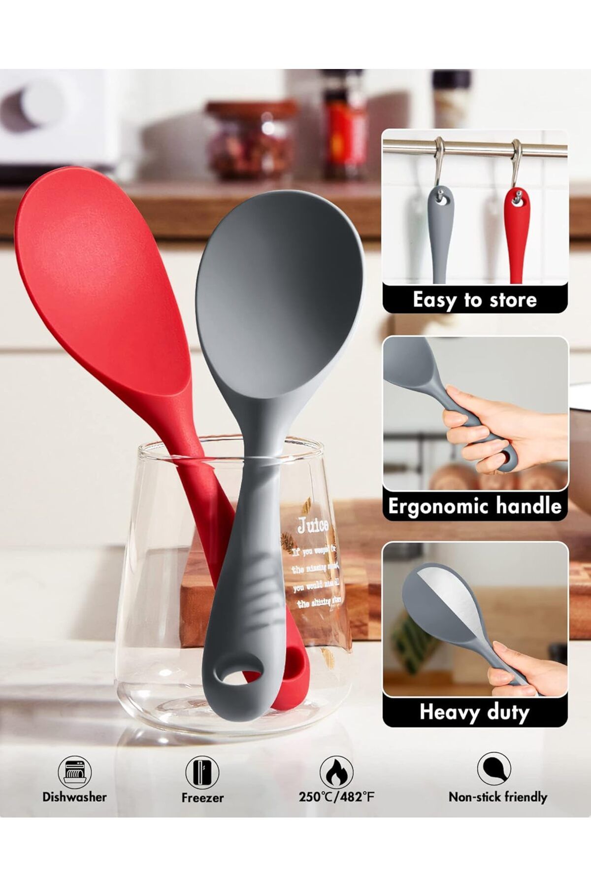 TARIK HOME Gri ve Kırmızı Silikon Pilav Kaşığı Seti - 22,5 cm - Isıya Dayanıklı, Ergonomik Saplı - 2'li Set