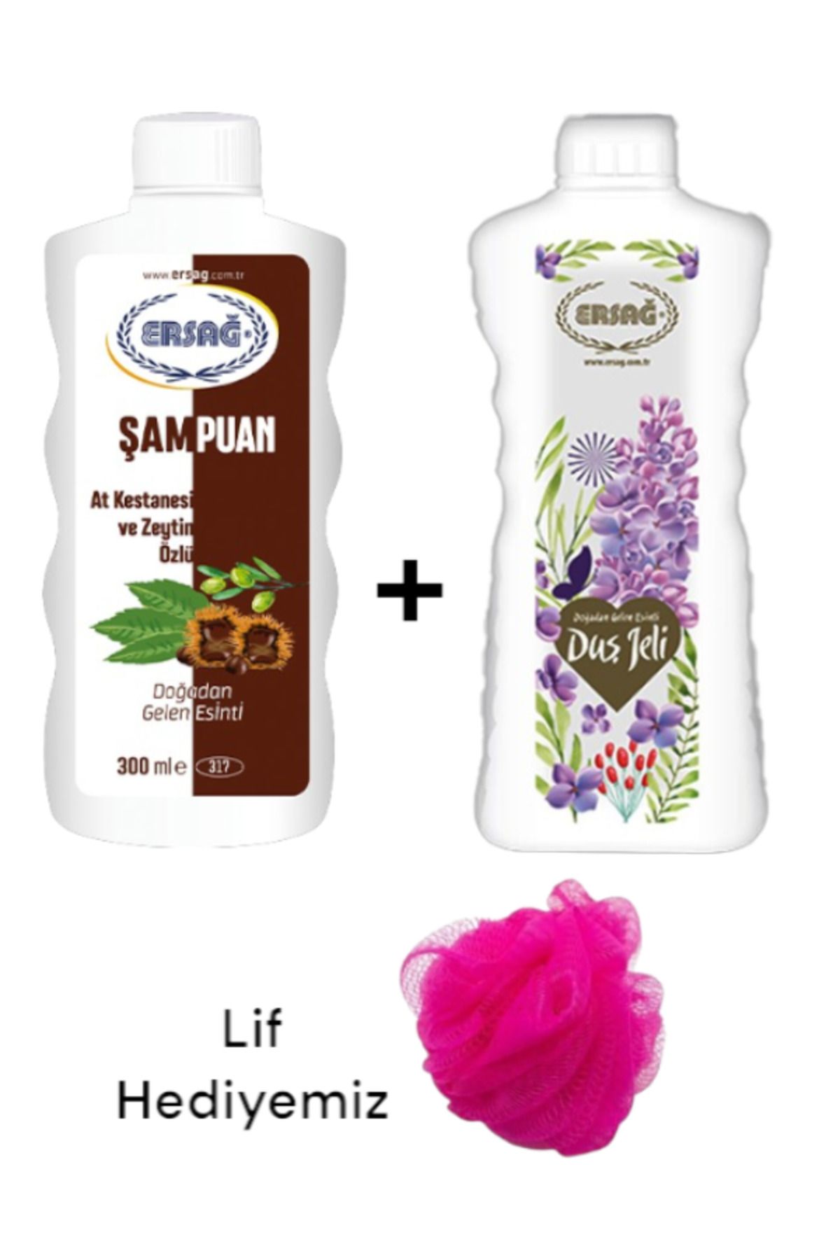 Ersağ At Kestanesi ve Zeytin Özlü Şampuan 300ML - Leylak kokulu Duş Jeli 1000ML ( Lif Hediye'li ) 317-42