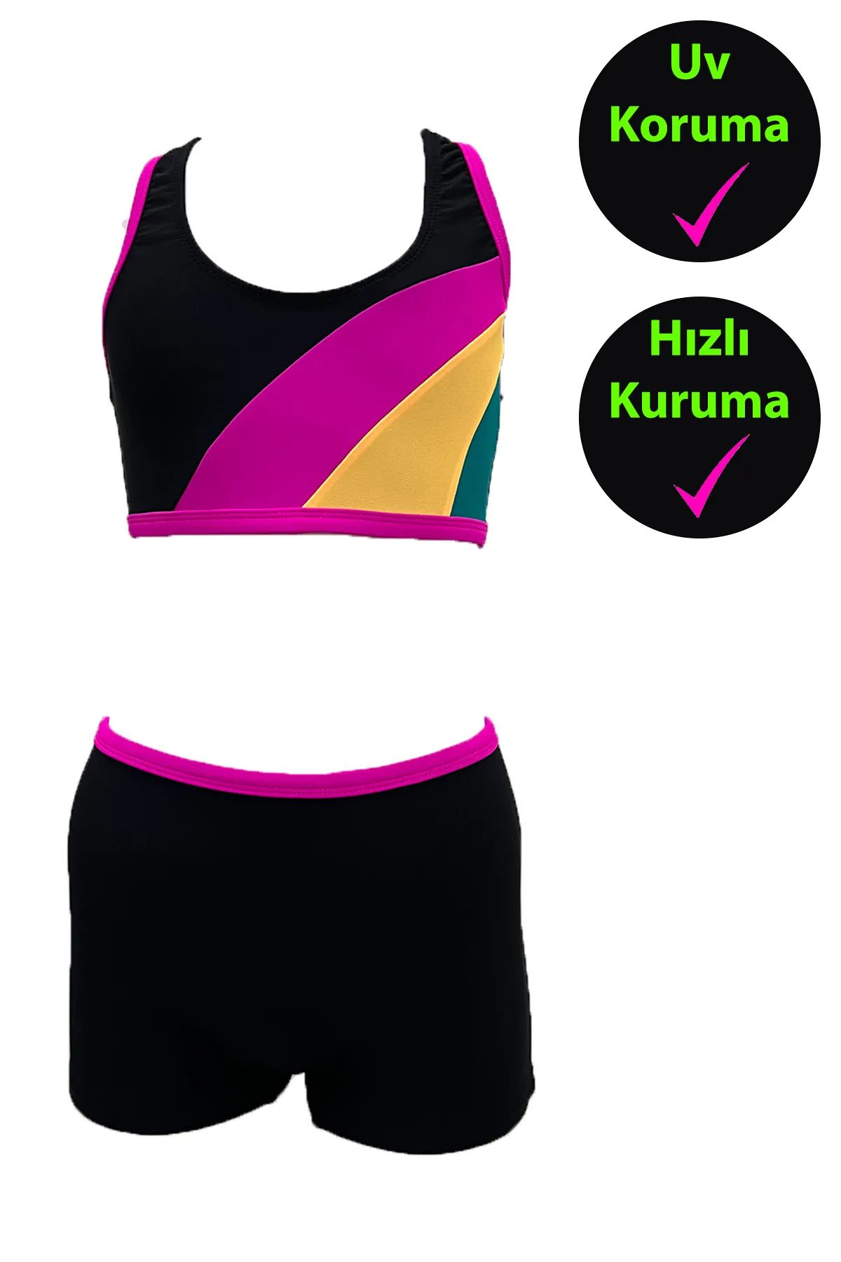 Kız Çocuk Şortlu Yüzücü Likralı Bikini Takım