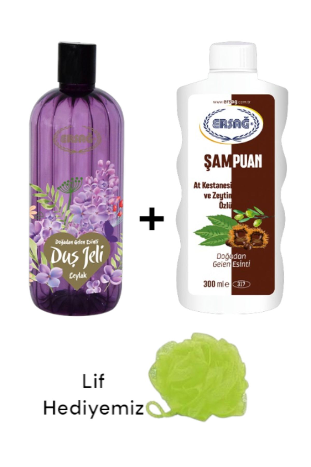 Ersağ At Kestanesi ve Zeytin Özlü Şampuan 300ML - Leylak kokulu Duş Jeli 500ML ( Lif Hediye'li ) 317-55