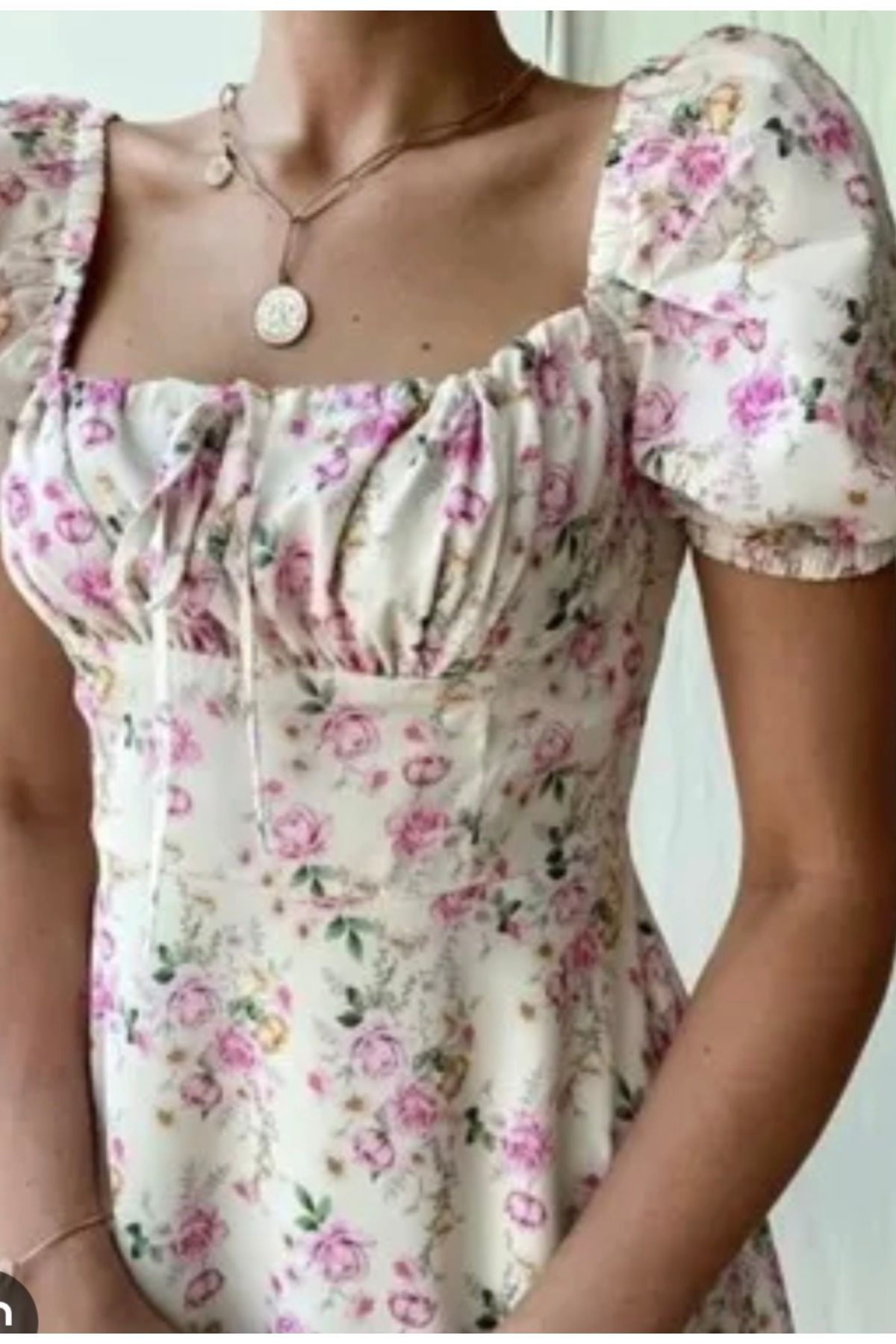 MODA Pembe çiçekli kare yaka bağcıklarını yaz şenliği bir elbise