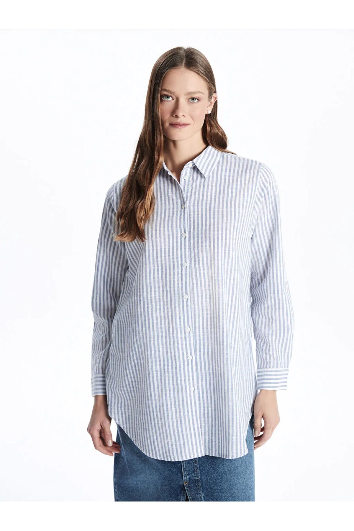 LC Waikiki LCWAIKIKI Classic Indigo Çizgili Kadın Gömlek Tunik