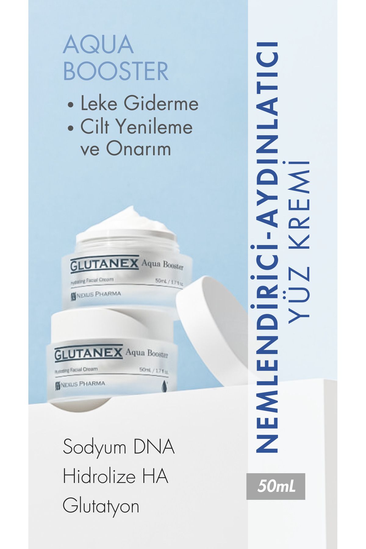 کرم مرطوب کننده و روشن کننده صورت Aqua Booster با گلوتاتیون DNA سالمون (PDRN) 50 میلی لیتر GLUTANEX