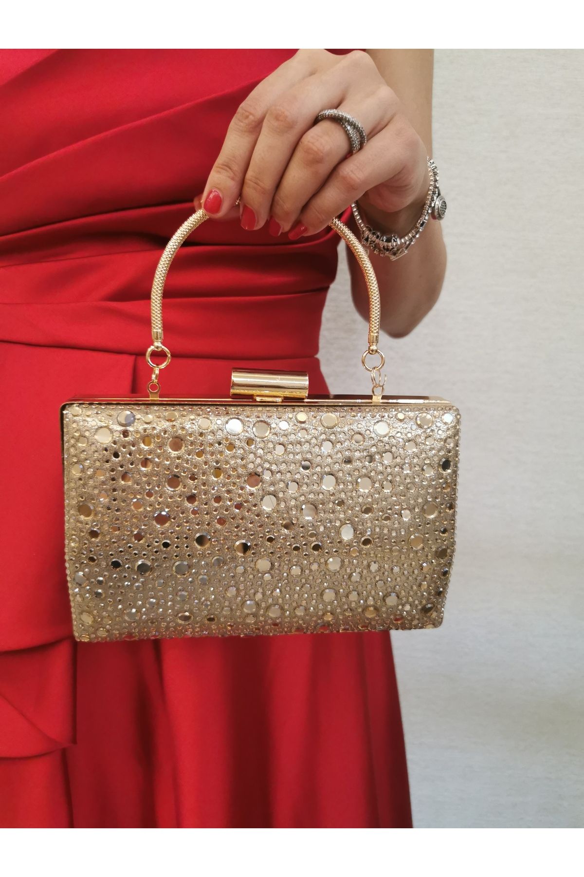 NAZART Kadın Taşlı Altın Gold Abiye Clutch Zincir Askılı El Düğün Nişan Gece Omuz Çantası