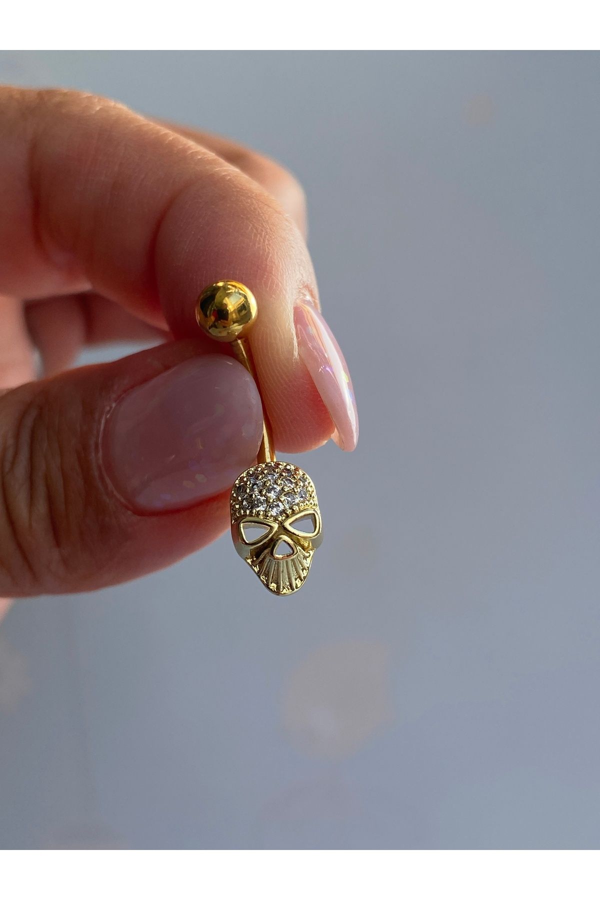 kurukafagift Çelik Göbek Piercing Kurukafa Figürlü Taşlı Minimal Gold Renk