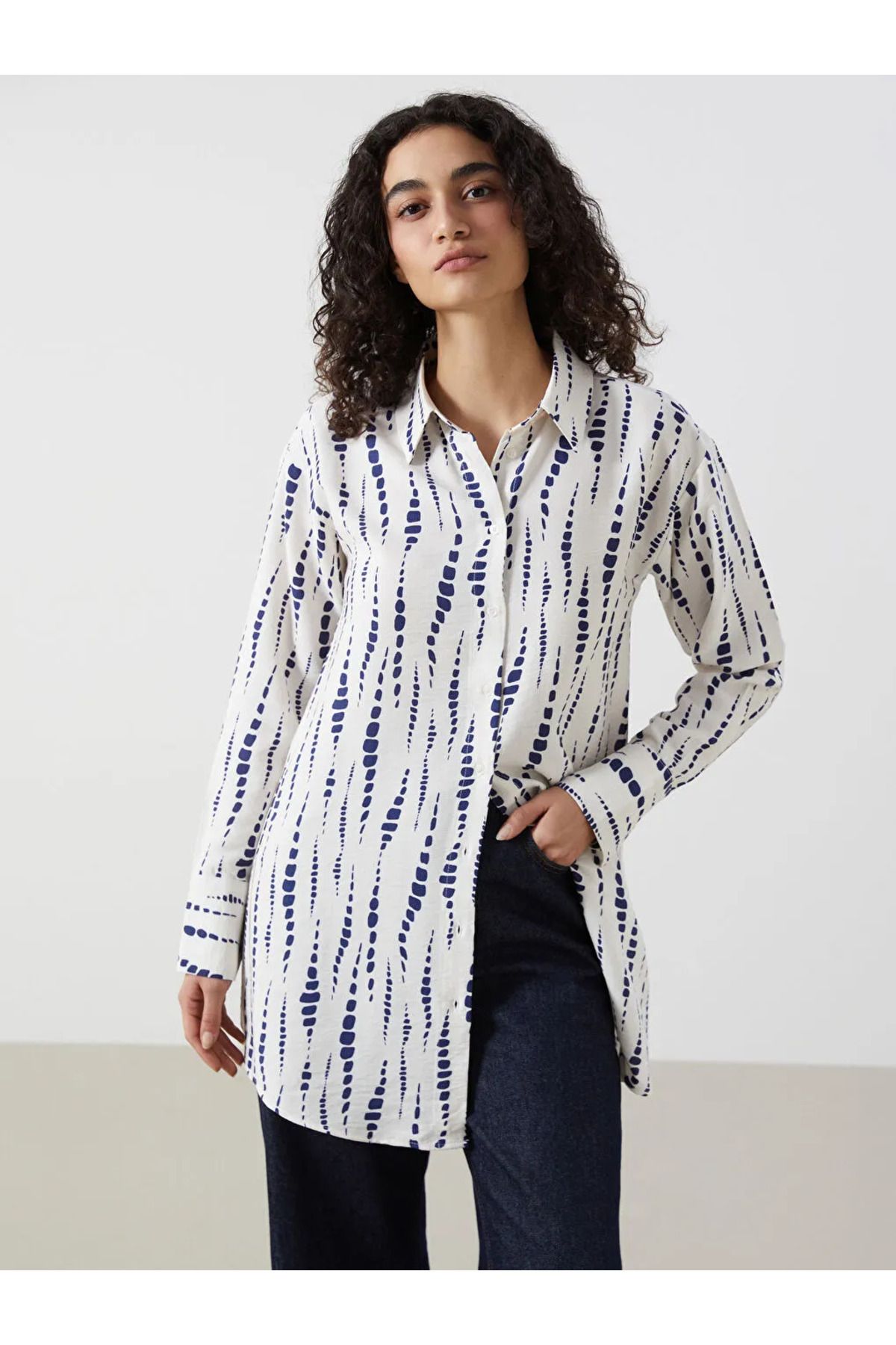 LC Waikiki LCW Modest Mavi Desenli Kadın Gömlek Tunik